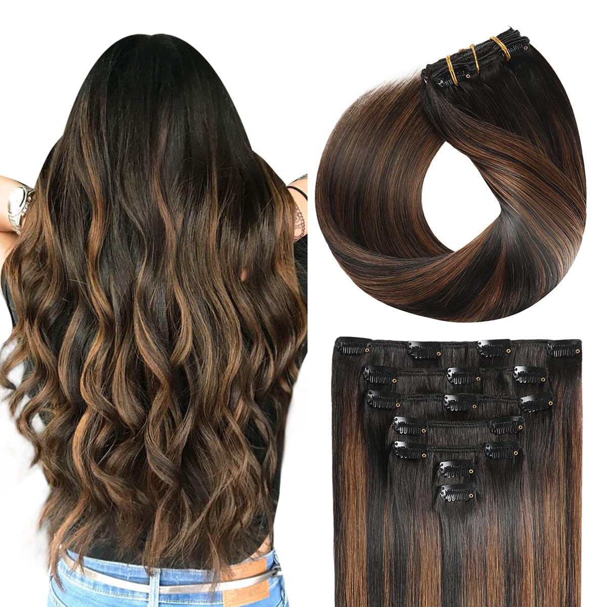 SUYYA Clip in Hair Extensions Real Human Hair 14 inch 110g 7pcs Hair Extensions Real Human Hair Clip ins Silky Straight Double Weft Balayage Natural