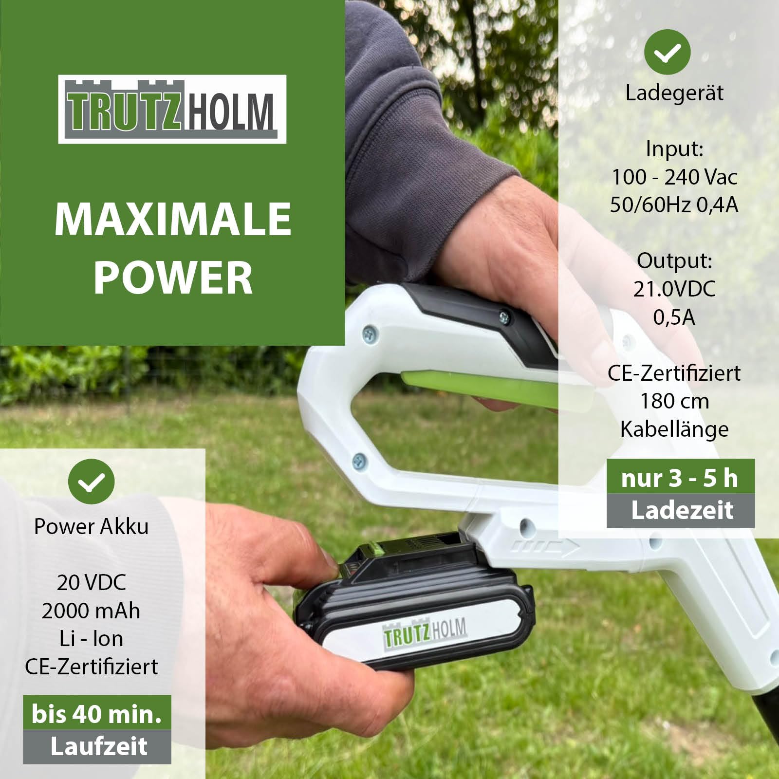 TRUTZHOLM Akku Bodenhacke 20V/2.0Ah mit Akku und Ladegerät 19 cm Arbeitsbreite 24 Klingen 15,5 cm Arbeitstiefe Motorhacke Bodenfräse Gartenfräse Kultivator für Beet und Garten