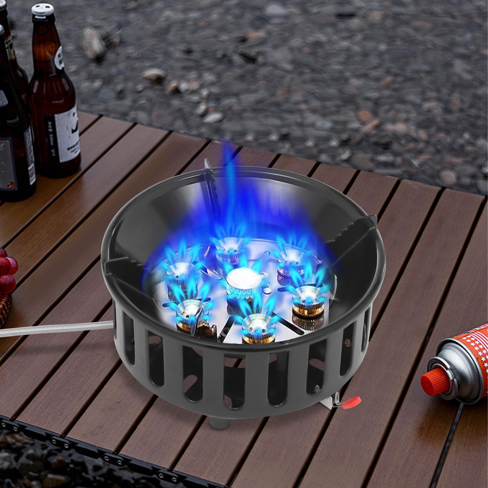 Hornillo portátil con 3 adaptadores, a prueba de viento, de gas, estufa de camping con encendido piezoeléctrico, estufa de gas portátil, para camping, trekking, senderismo, picnic