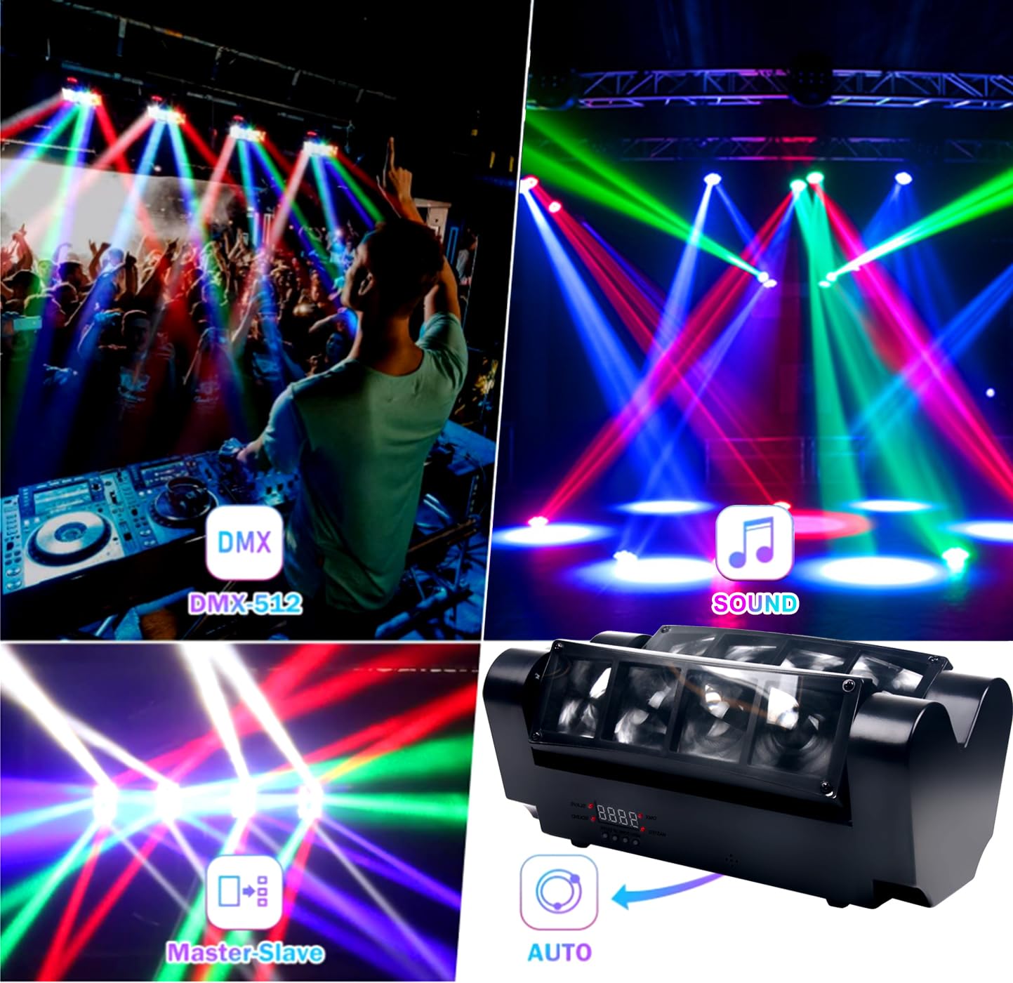 KOOT Lumière DJ 2025 à 8 LED, lumière stroboscopique disco RVBB, lumières de fête, lumières de scène DJ, DMX512 et contrôle du son pour Noël, Halloween, anniversaire, mariage, karaoké, décorations de