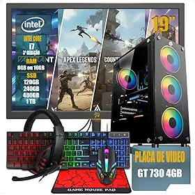 PC Gamer Completo Intel Core i7 3ª Geração, Opções 8GB/16GB RAM, SSD 120GB/240GB/480GB/ 1TB, Placa de Video GT 730 4GB, Windows 11, Monitor LED 19,Teclado e Mouse Gamer, HeadSet (GB, 16, GB, 120)