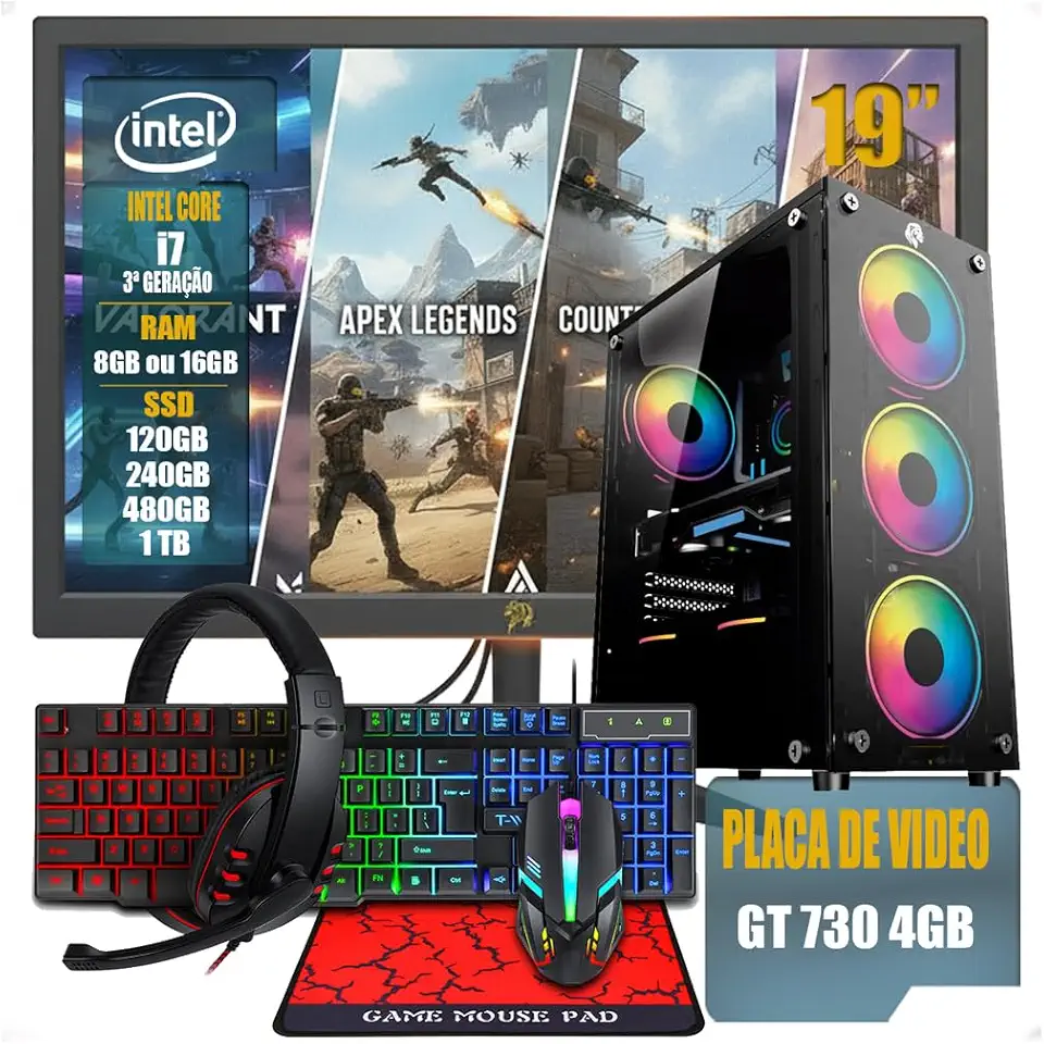 PC Gamer Completo Intel Core i7 3ª Geração, Opções 8GB/16GB RAM, SSD 120GB/240GB/480GB/ 1TB, Placa de Video GT 730 4GB, Windows 11, Monitor LED 19,Teclado e Mouse Gamer, HeadSet (GB, 8, GB, 240)