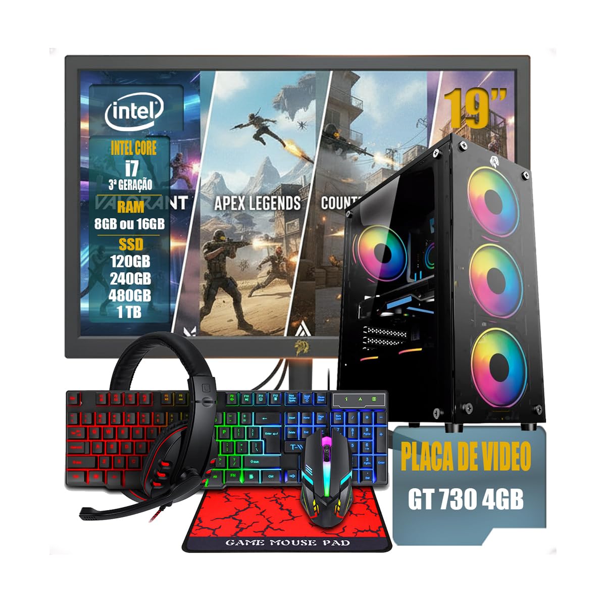 PC Gamer Completo Intel Core i7 3ª Geração, Opções 8GB/16GB RAM, SSD 120GB/240GB/480GB/ 1TB, Placa de Video GT 730 4