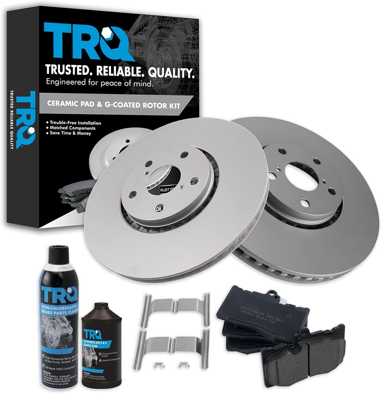 TRQ Front Ceramic Brake Pad & Coated Rotor Kit w/Fluids Compatible with GS IS GS350 GS460
