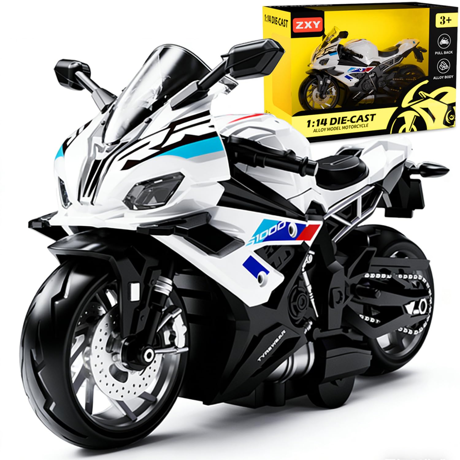LKNBIF Motorcycle toy, motorcycle model toy, pull-back motorcycle toy, toy car set, for birthdays and Christmas collections (white)