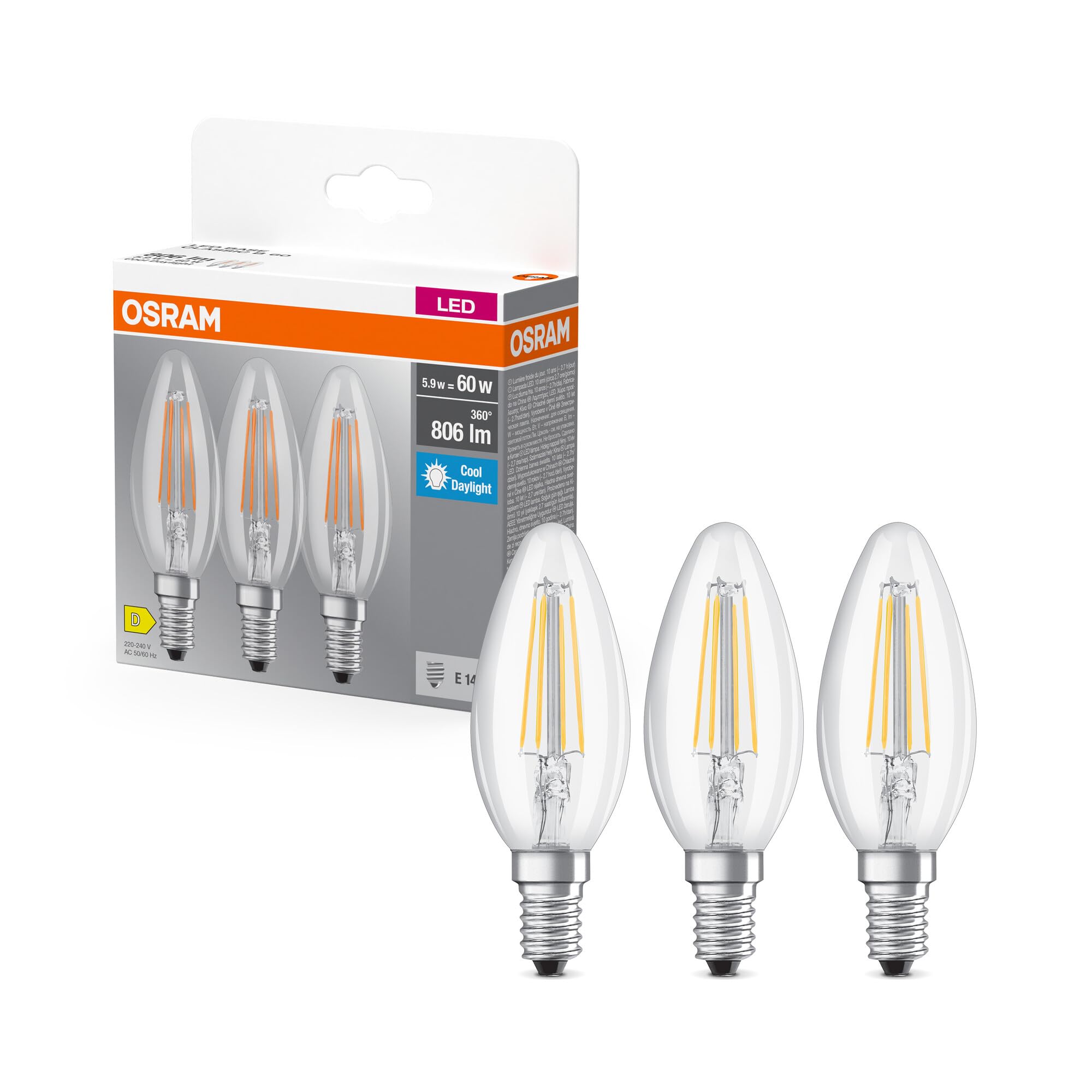 OSRAM Lampada LED Base Classic B60 mini candela 5,9W 865, luce diurna 6500K, E14, trasparente, 806 lm, resistente agli urti, IP20