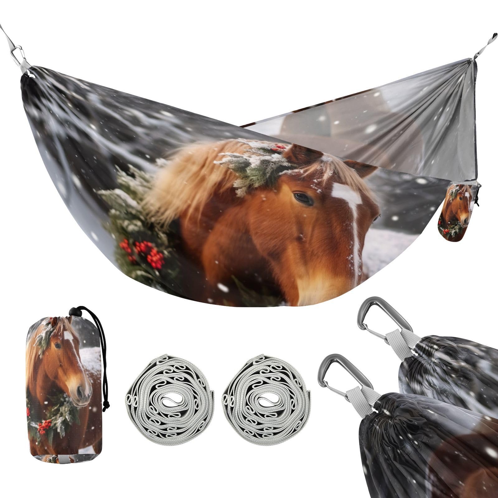 SDMKA Horse in The Snow Camping Hammock, 330 lbs with 2 Tree Straps, Carry Bag, Single Portable Hammock for Outdoor/Indoor, Hiking, Beach, Backpacking, Travel