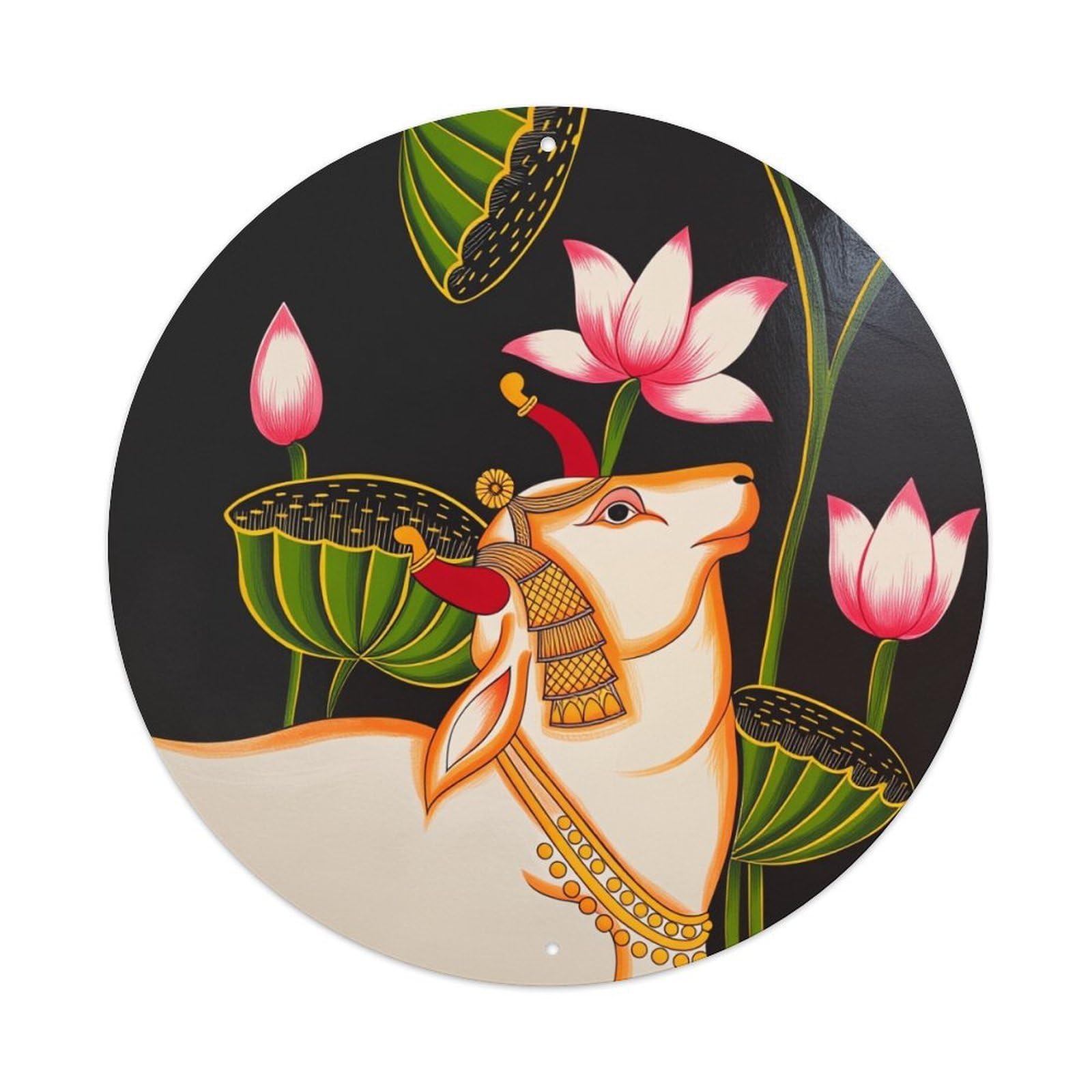 Deer Lotus Flower Ornament Art Round Tin Sign Vintage Metal Poster, Home Bar Garage Man Cave Cafe Indoor & Outdoor Wall Decoration 8x8Inches