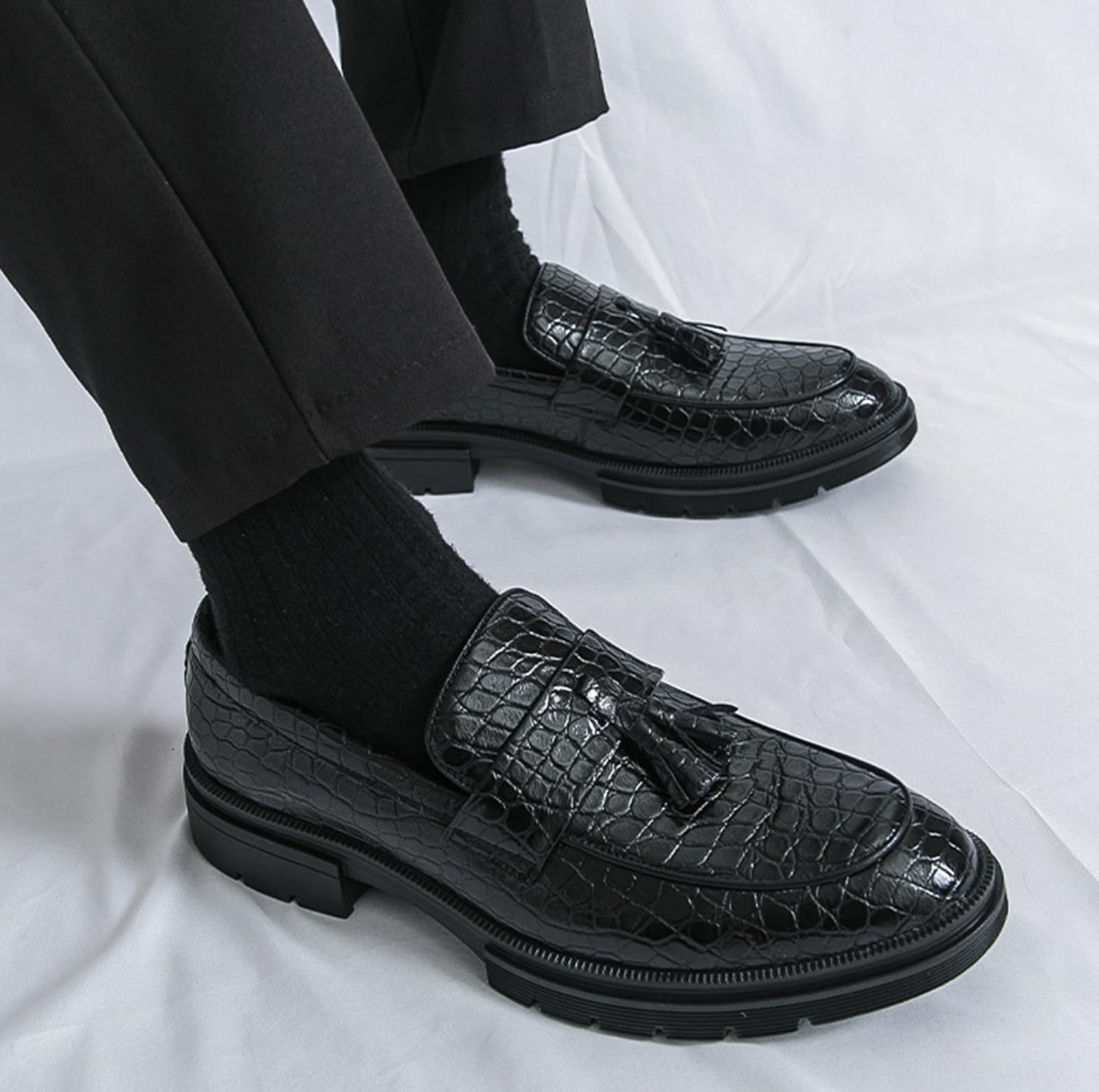 Mocasines con Borlas para Hombre Zapatos de Vestir Piel Sintética PU Cocodrilo Elegantes Casual Negocios