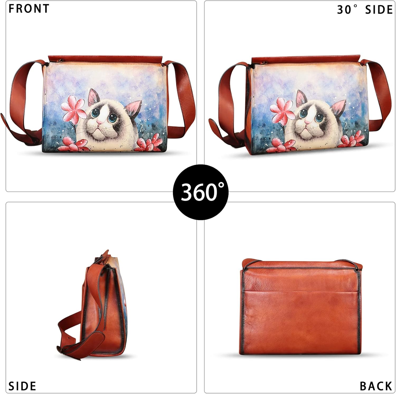 Genuine Leather Crossbody Bag for Women Hand Painted Leather Handmade Crossbody Satchel Handbag Hand Drawn Purse - Image 2