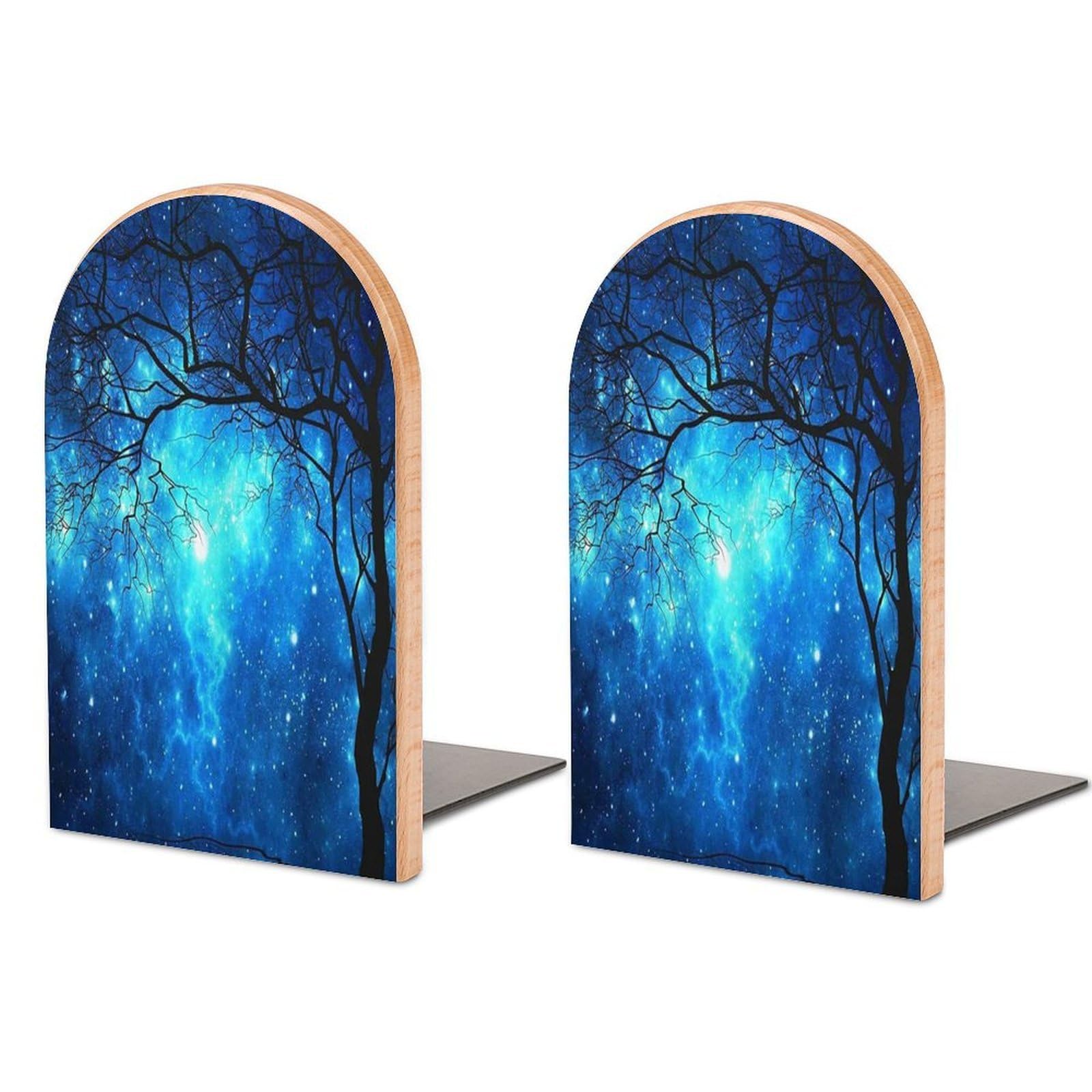 Starry Sky Night Forest Beech Wood Bookends Heavy Duty Book Organizers Desktop File Holder for Office Home Bookshelf