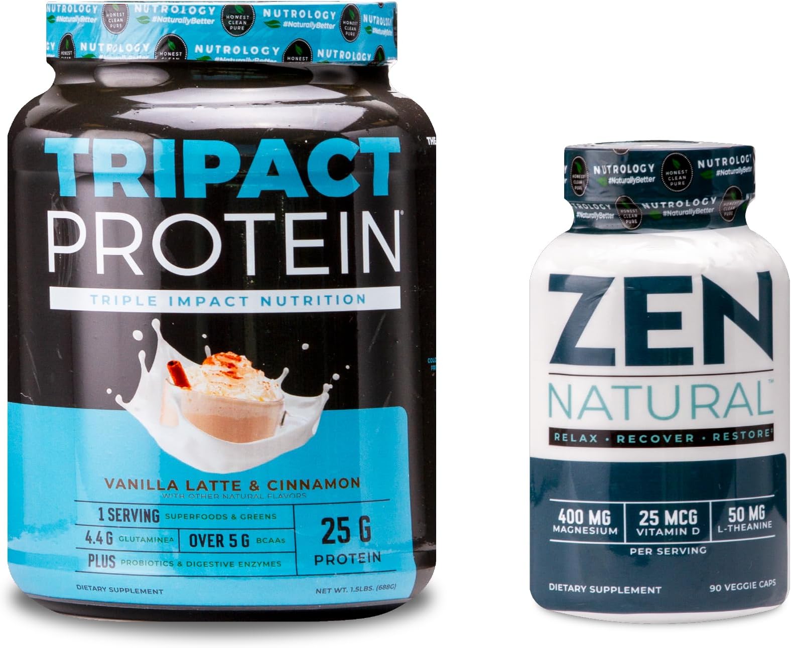 Nutrology TRIPACT Protein Powder, 7-in-1 Meal Replacement Shake, Vanilla Latte Cinnamon Flavor (20 Servings) Zen Natural Magnesium Supplement (30 Servings)