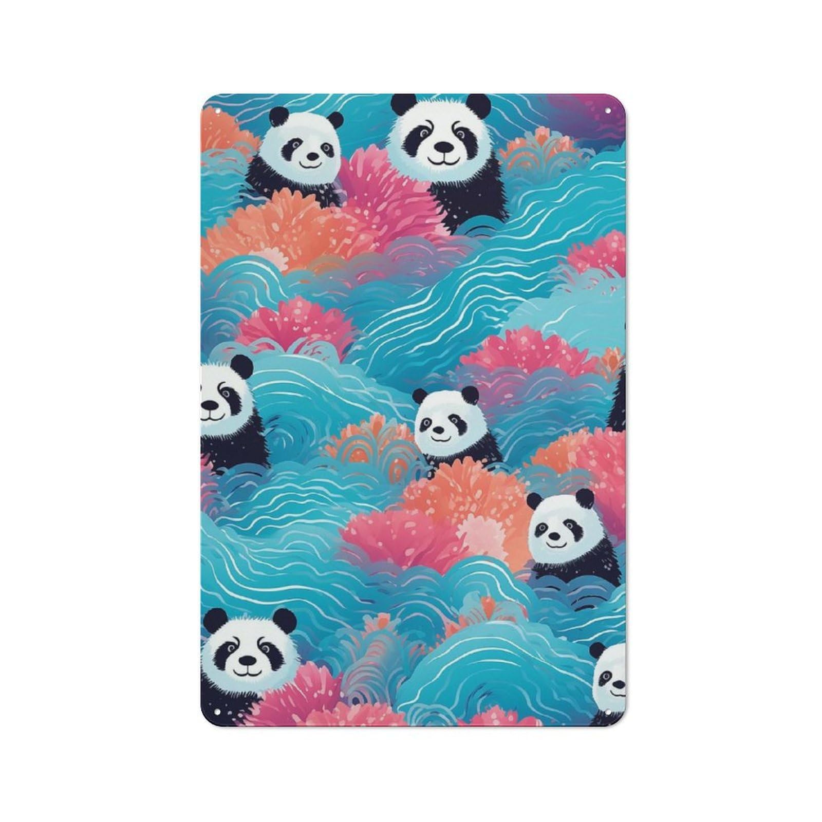 Junmoney Cute Friendly Pandas Tin Wall Plaque 30X20cm With For Garage Or Workshop, For Living Room, Hallway And Entrance Wall Decor