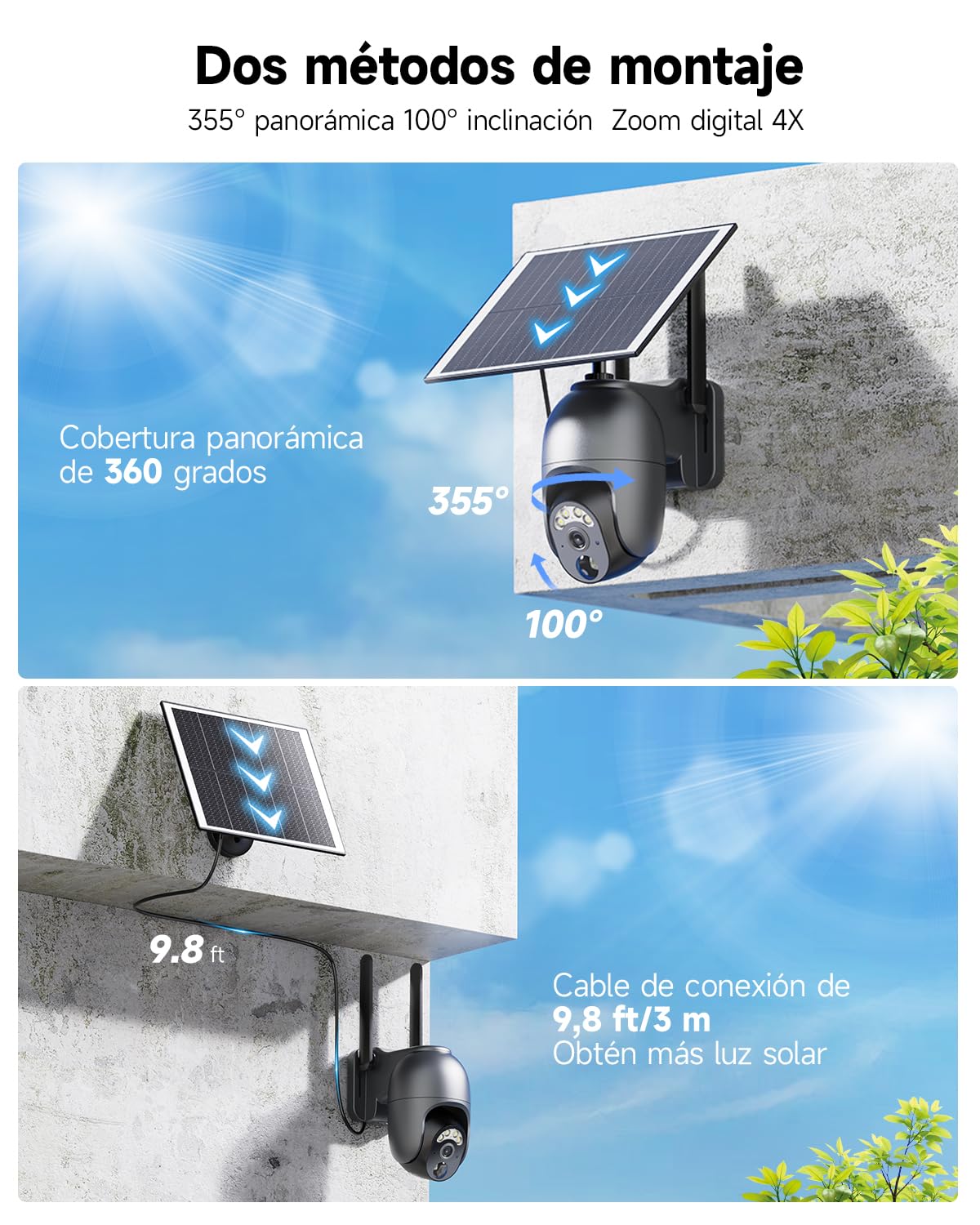 4G LTE Cámara Vigilancia Exterior con Sim, 2K HD Cámara de Seguridad Solar Inalámbrica con Batería, PTZ 355°/100°, Visión Nocturna, PIR Detección de Movimiento, Audio Bidireccional, IP66