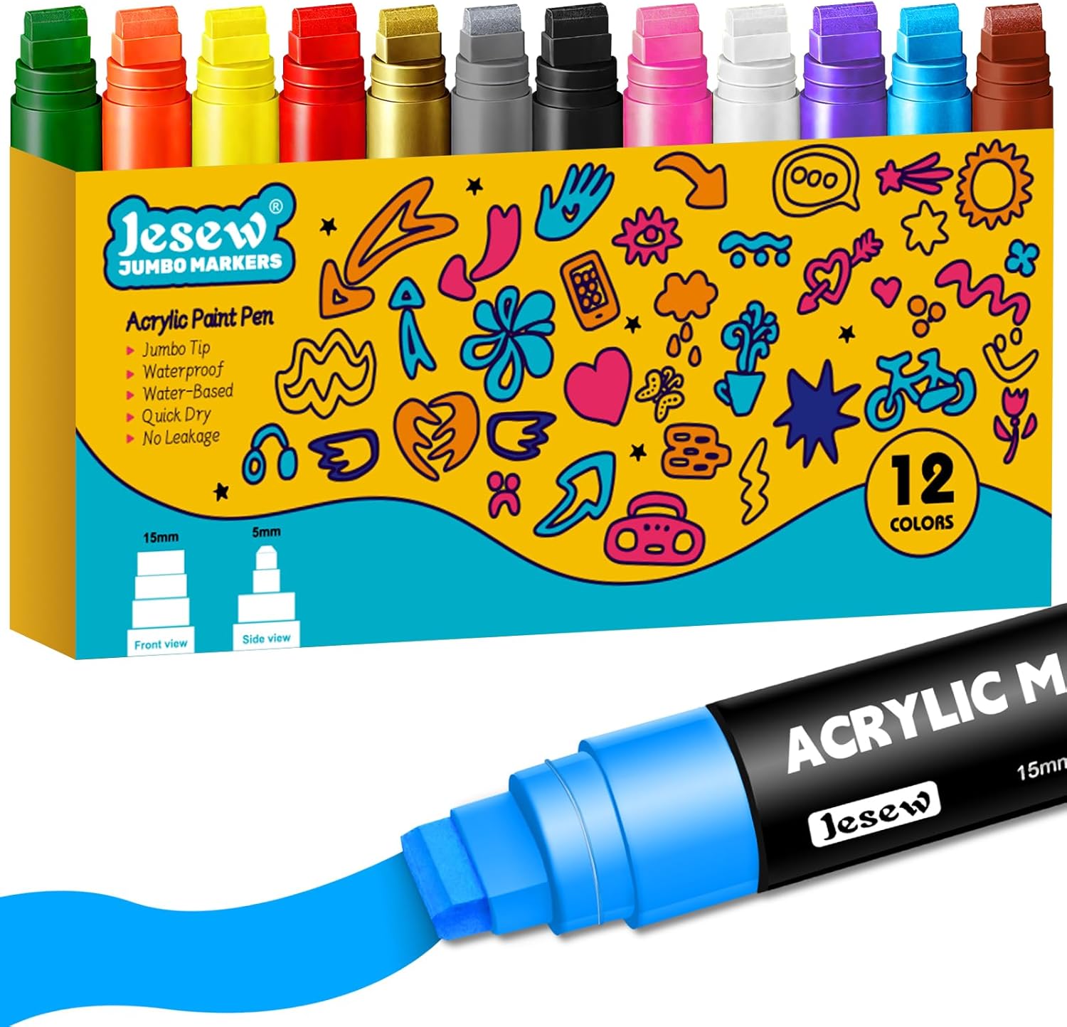 Acrylic Paint Markers – 12 Colors Jumbo Markers with 15mm Felt Tip Paint Pens, Waterproof Permanent Ink for Rock Painting, Stone, Ceramic, Glass, Wood, Canvas, Outdoor Art & Signs