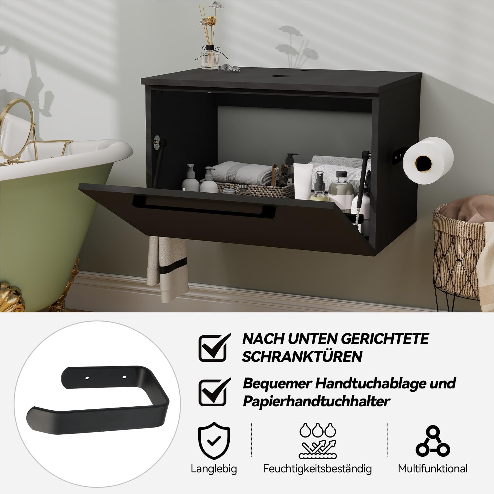 ZealWe Badmöbel-Set Waschtisch mit Unterschrank 60cm, Waschbeckenunterschrank mit Waschbecken, Badezimmermöbel Matt Schwarz Badezimmerschrank Hängend, 2-teilig, für kleine Bäder Gäste WC, Schwarz