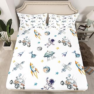 UFO Rocket Kids Fitted Sheet Full Size,Space Ship Galaxy Stars Theme Bedding Set Kids Boys Girls Teens Room Decor,Cartoon Astronaut Sheet Set 3Pcs,White Cartoon Bed Sheet,2 Pillowcases