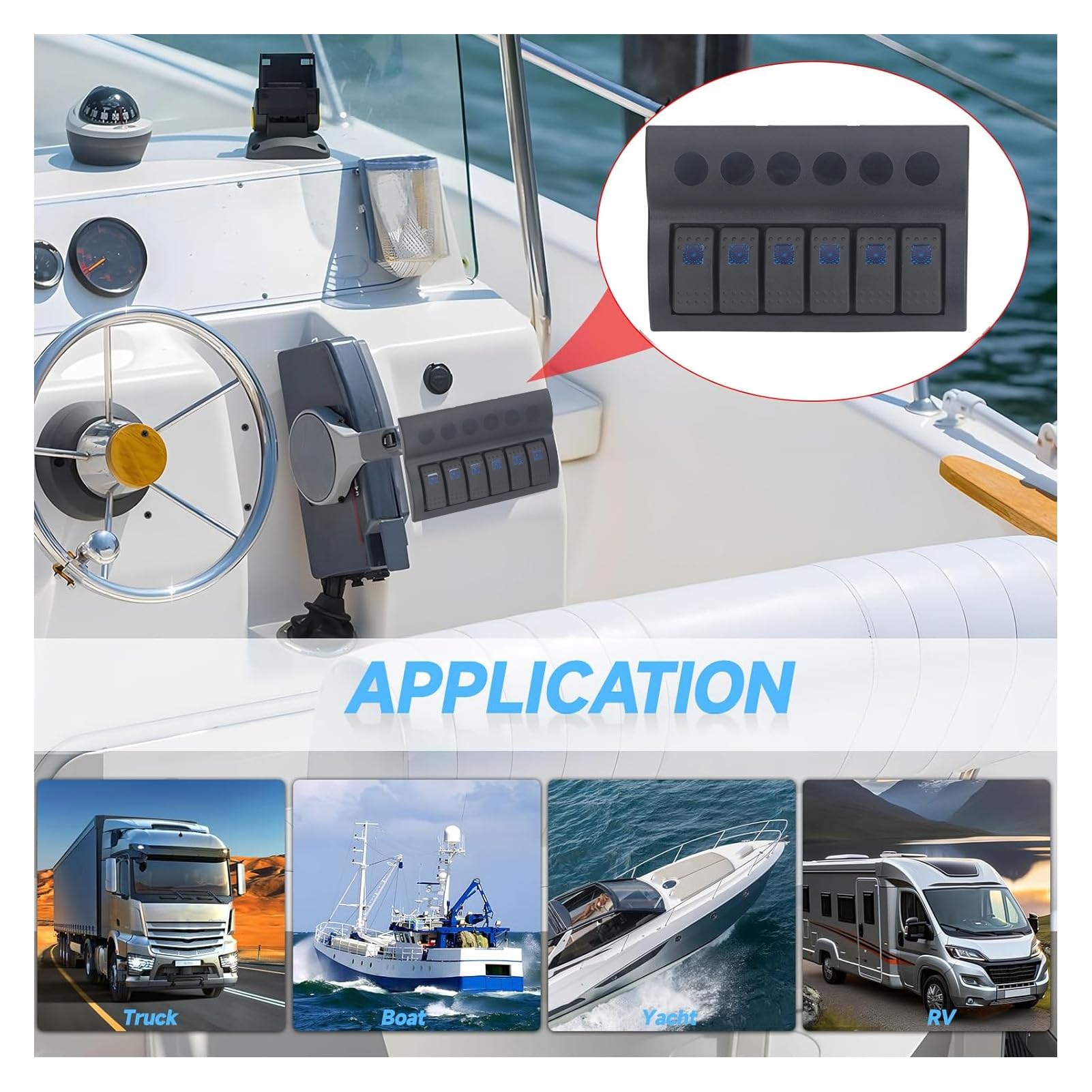 Pannello Interruttori Elettrici 6 Gang Precablato Impermeabile Interruttore a Bilanciere per Barche Marine Pannello Interruttori ON/OFF Luce LED Blu per Barca RV DC12V 24V