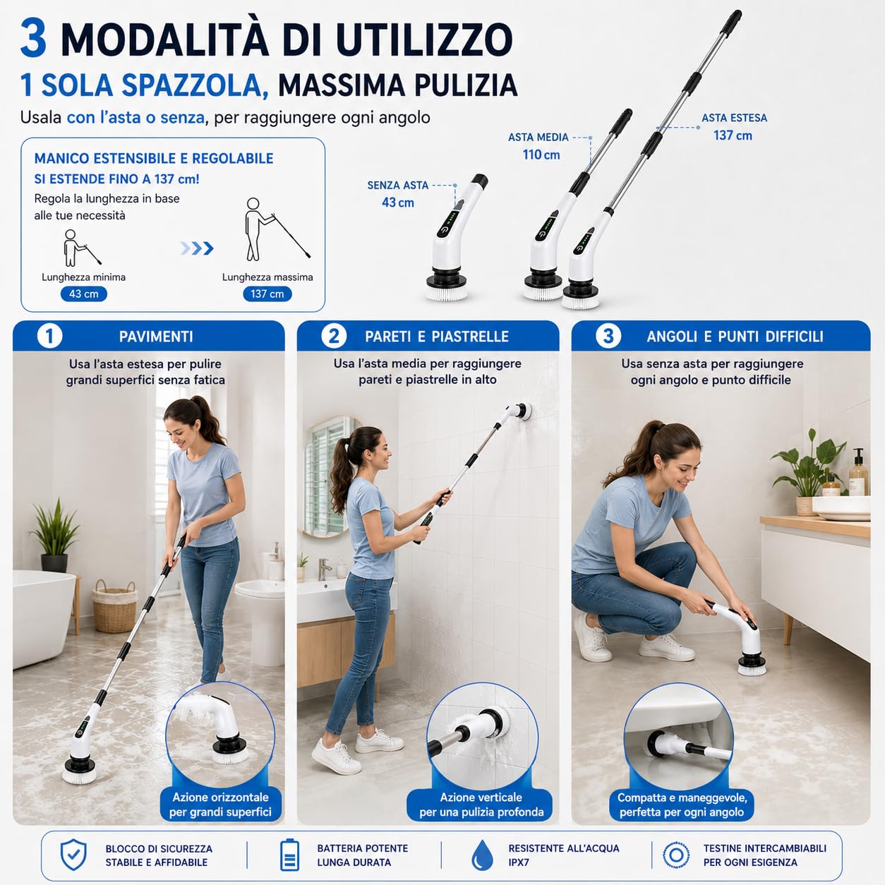 Spazzola Elettrica Rotante Senza Fili con Ricarica USB-C, 8 Testine Intercambiabili, Manico Telescopico Regolabile, Spazzola Elettrica per Bagno, Doccia, Cucina, Pavimenti e Auto