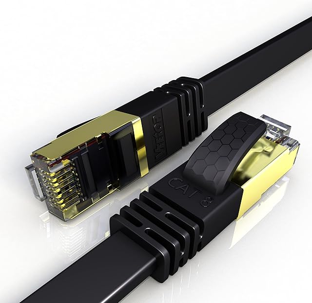 Veetop 3m Flat Cat8 Ethernet Cable, 26AWG Cat 8 Network Internet Lan Cable High Speed 40Gbps 2000Mhz Gigabit SSTP RJ45 Gold Plated Connector for Router, Modem, Switch, Xbox,Gaming,TV Box,Data Center