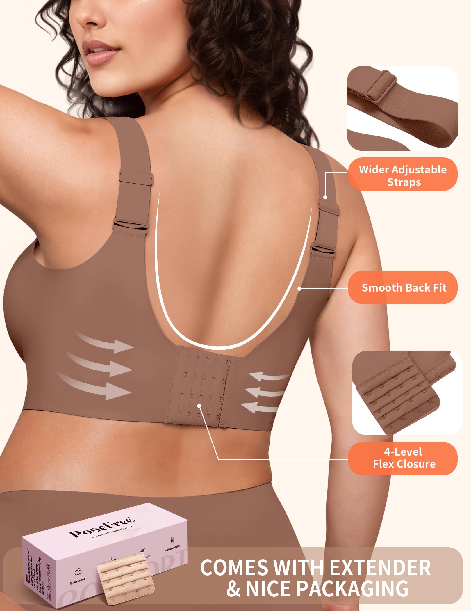 PoseFree Womens Seamless Wireless Supportive Bra Push Up Comfort Soft No Underwire Full Coverage T-Shirt Bra