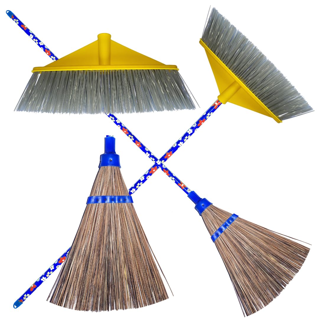 Heavy-Duty Indoor Outdoor Cleaning Set, Brush/Broom Head with Handle, Natural Coco Fiber Garden Broom with Long Handle 6feet, 2-Piece Combo-image-2