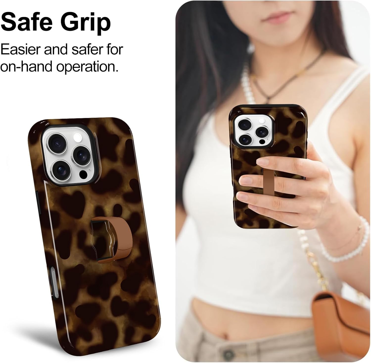Magnetic for iPhone 16 Pro Case with Finger Strap Kickstand, Stylish Amber Leopard Phone Case for Women Men, Compatible with Magsafe Shockproof Cover for 16 Pro, Amber Leopard