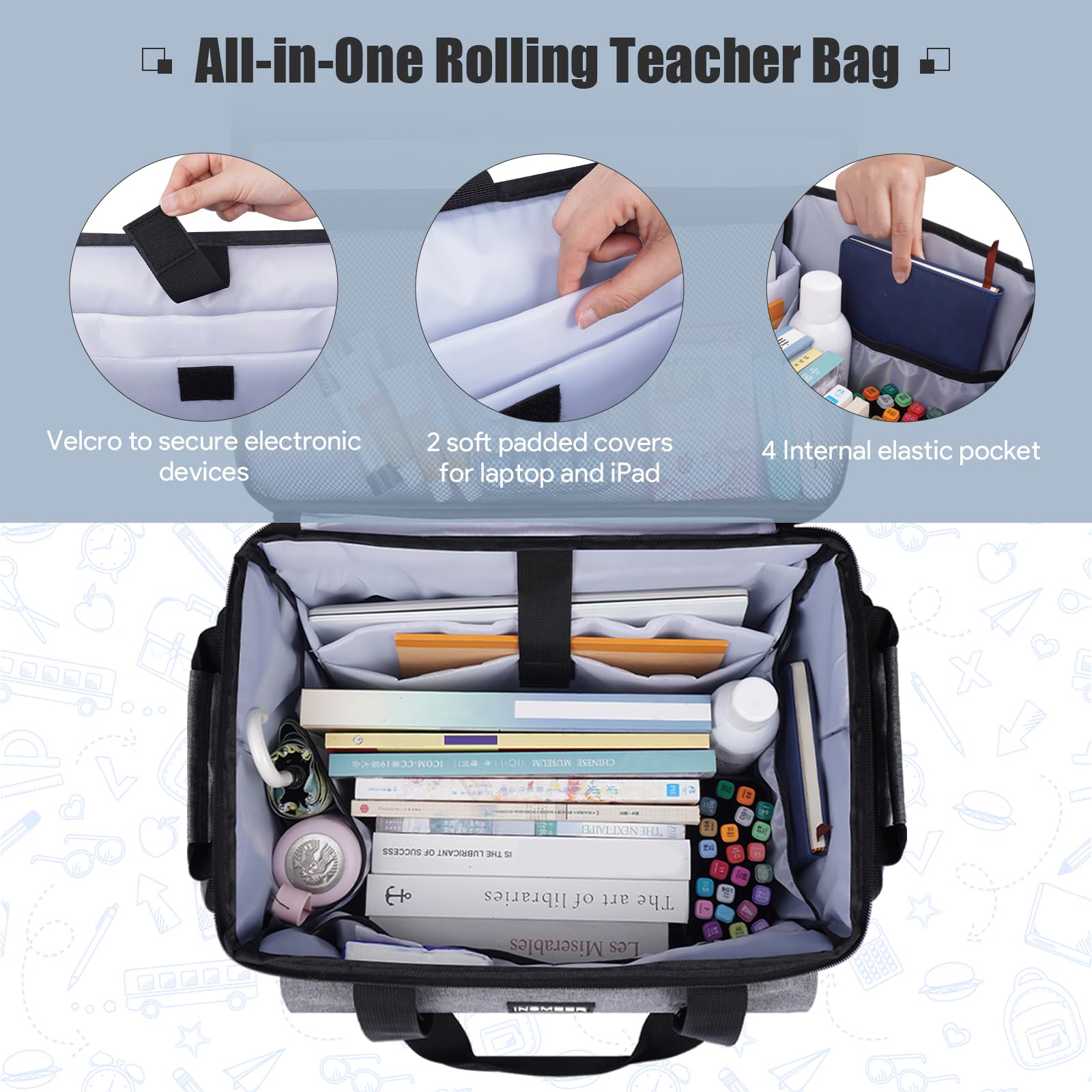INSMEER Sac à roulettes pour enseignant avec compartiment pour ordinateur portable de 15,6", sac fourre-tout à roulettes pour enseignants avec sac à déjeuner supplémentaire, sac à roulettes 3 en 1