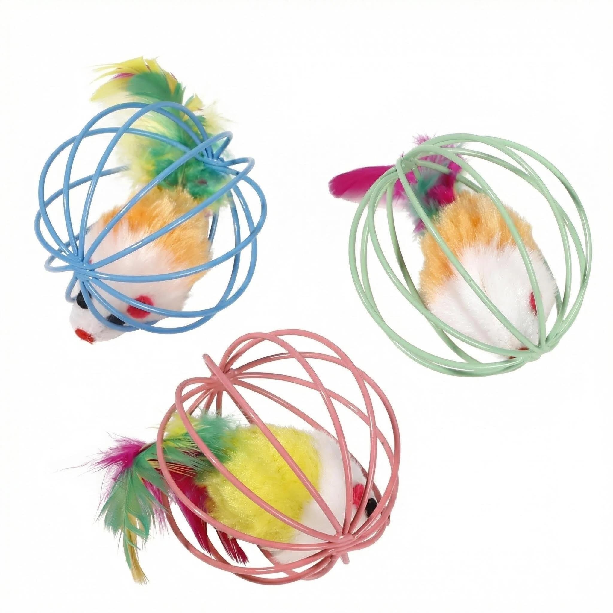 ButtVigour 3-Pack Cat Toy Balls with Feather Mouse, 6cm Interactive Rolling Toys with Natural Rattle Sound, Mental Stimulation & Exercise for Indoor Cats, Colorful Kicker Toys for Anxiety Relief