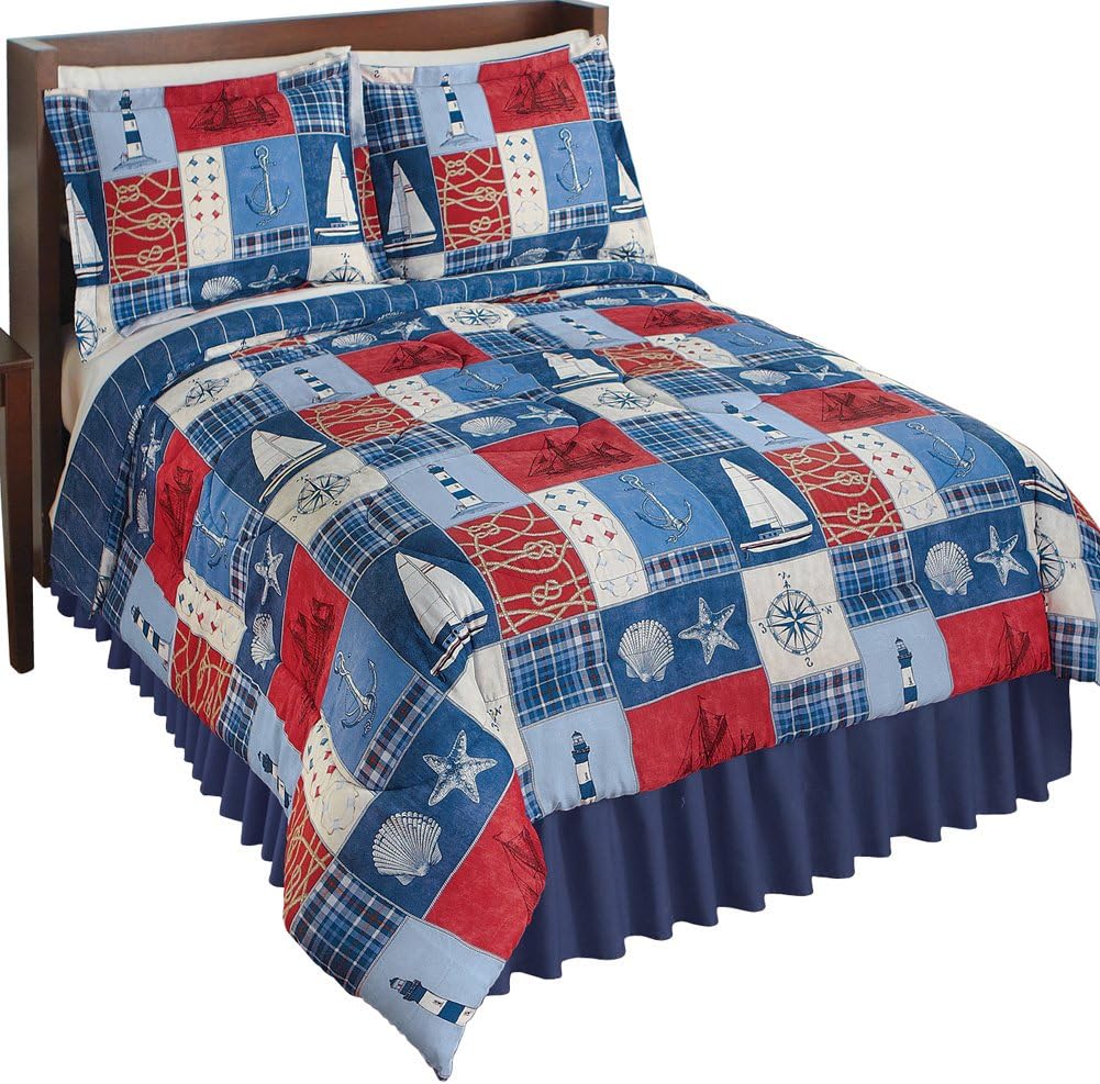 Collections Etc Reversible Nautical Patchwork Comforter Set Bedroom Décor, King