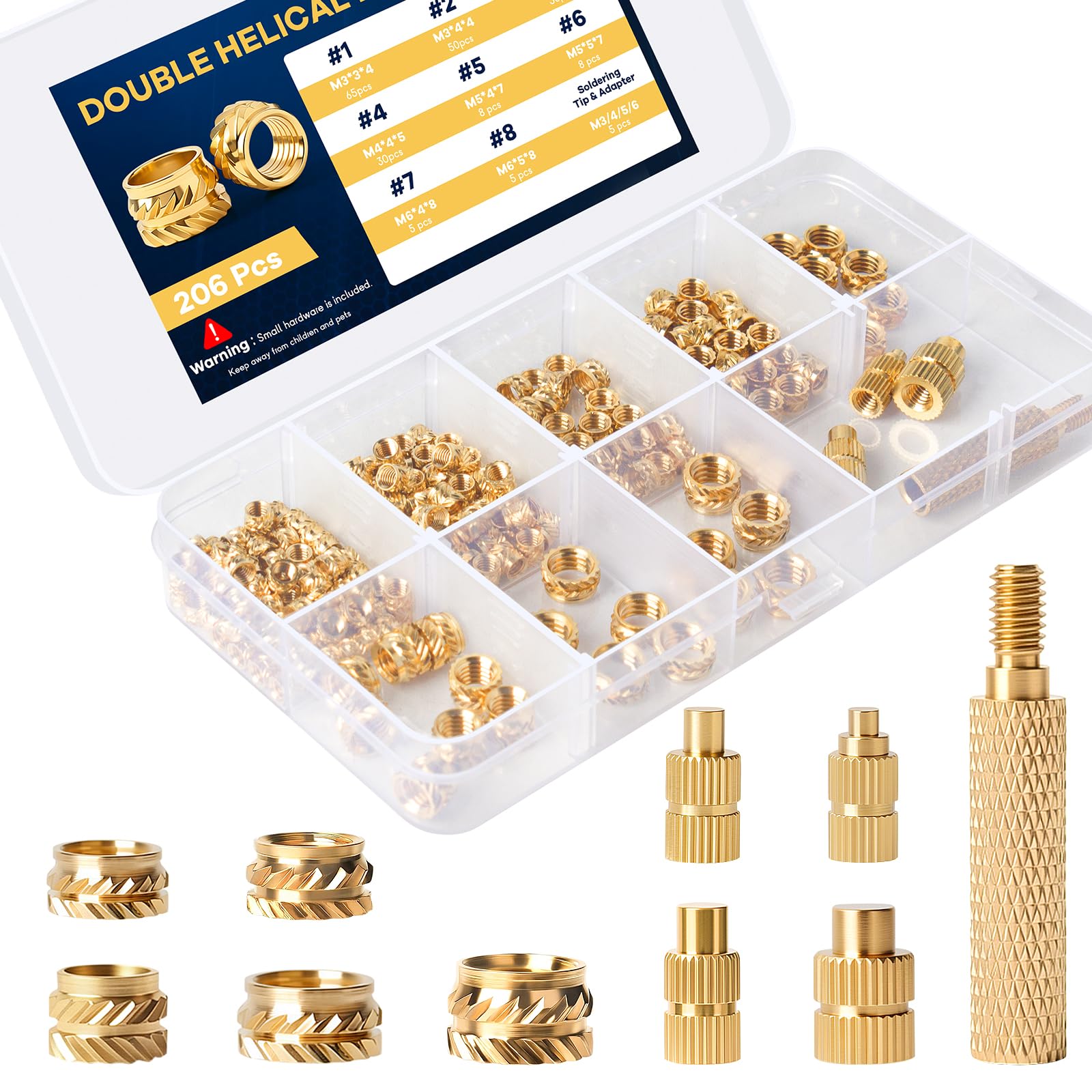 RAYTRUST 206PCS Threaded Inserts for Plastic, Metric M2 M3 M4 M5 M6 Heat Set Inserts Assortment Kit with Soldering Iron Tips & Adapter, Spiral Knurled Brass Nut for 3D Printing Projects โ image 1