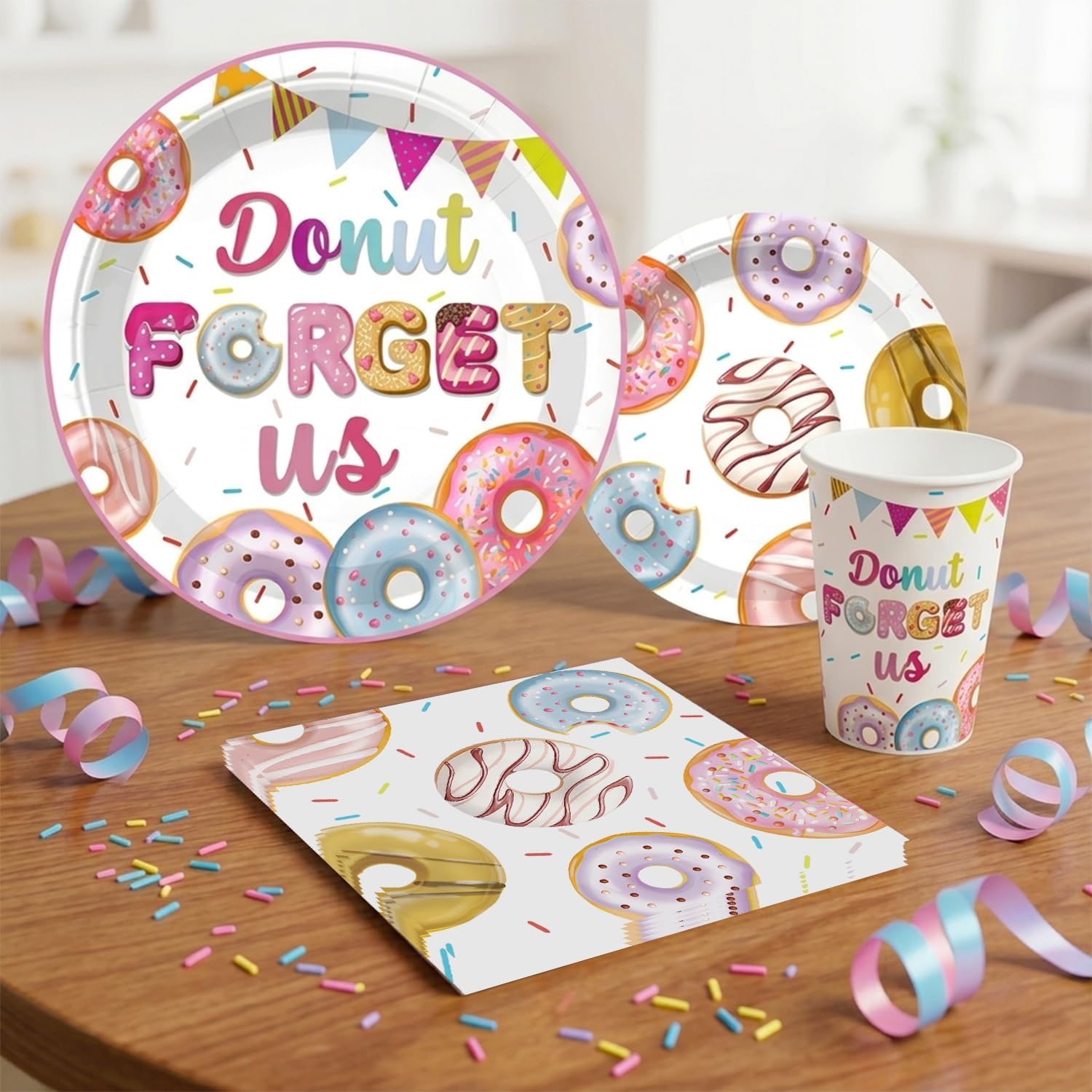 Donut Forget Us Party Decorations for Coworker Farewell Leaving Party, All-in-one Going Away Party Supplies Includes Banner, Cake Toppers, Plates and Napkins Set, Easy Setup Office Party Decor