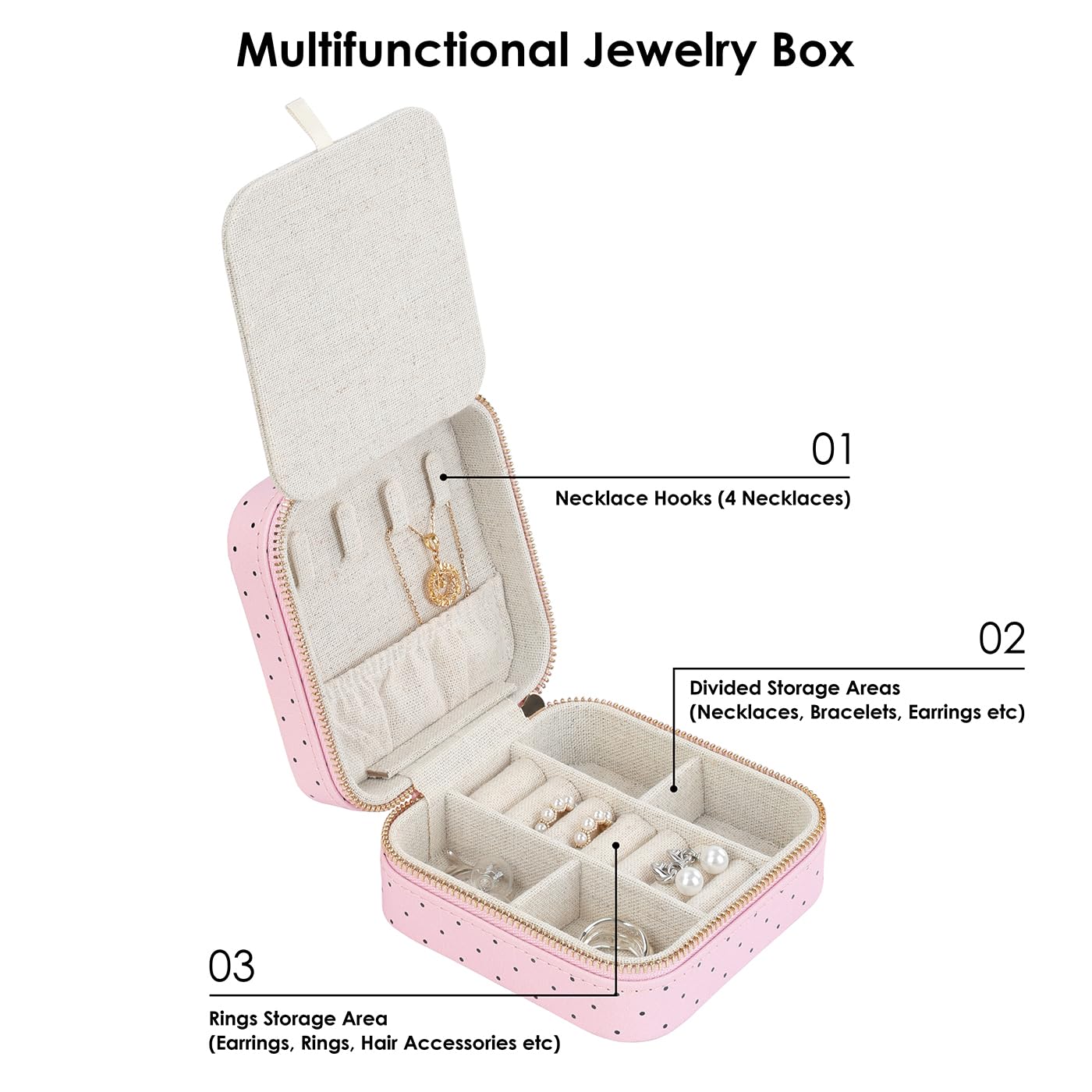 HDE Girl's Travel Jewelry Case Faux Leather Mini Organizer Box with Mirror Gift - Pink Polka Dots