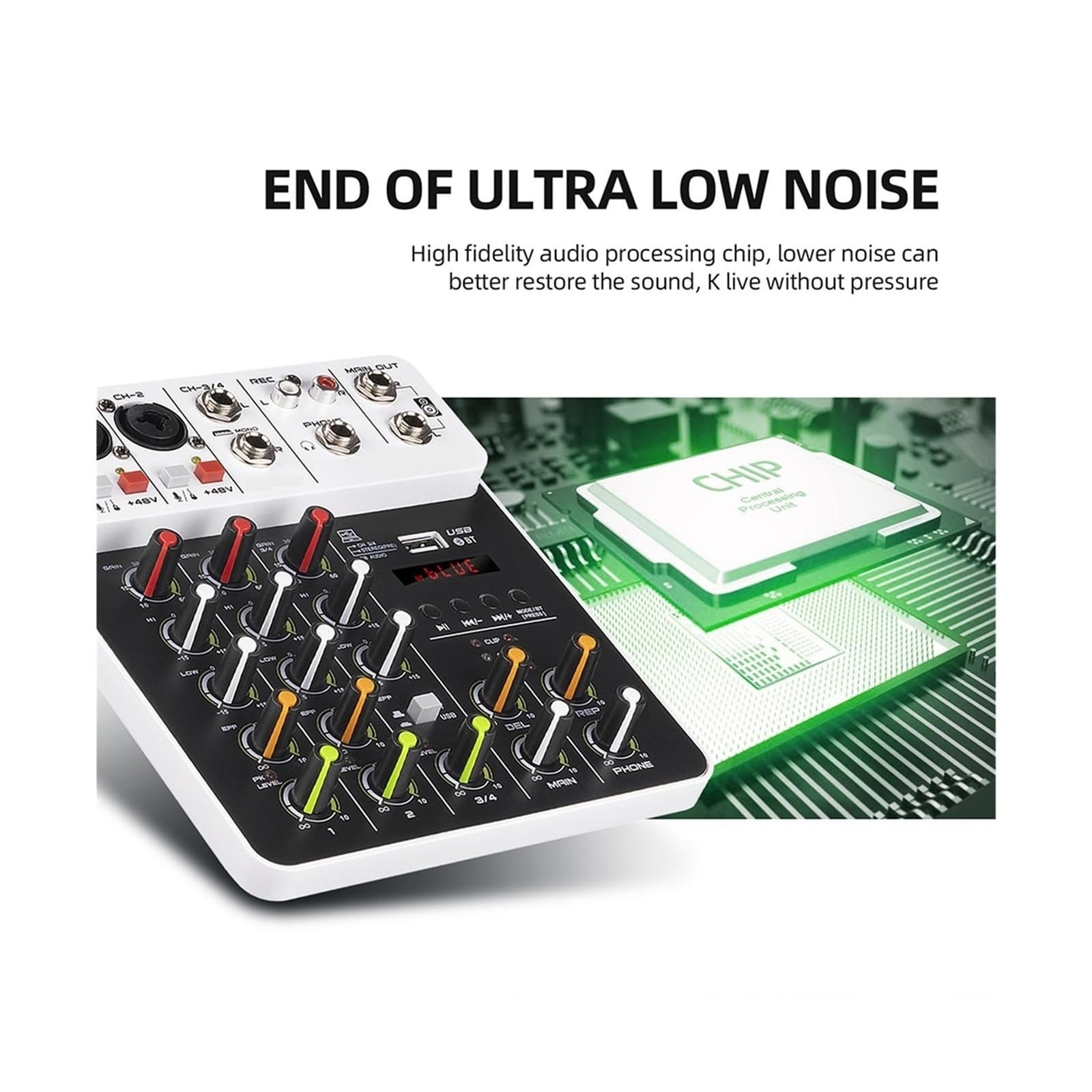 Mezclador de audio, Consola de mezcla sonido V4, computadora grabación USB, alimentación fantasma 48 V, efecto retardo, mezclador 4 canales