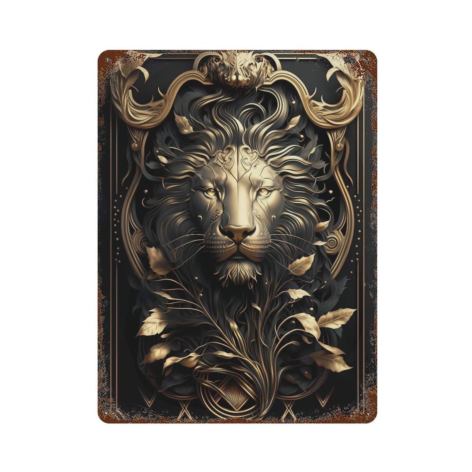 Rust Effect Lion King Golden Art Deco Rusty Metal Tin Sign 15.7"x11.8", Industrial Home Decor for Living Room, Hallway And Home Decor
