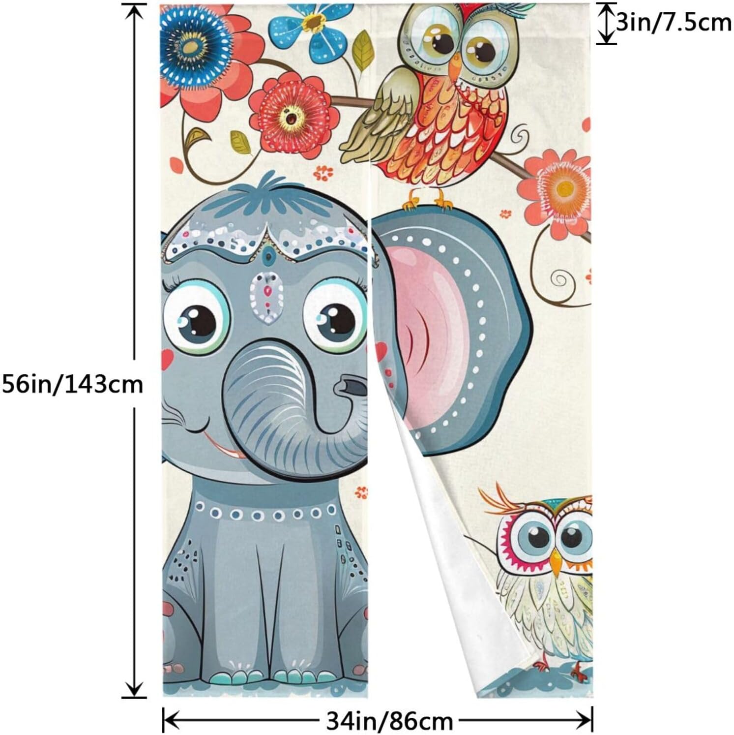 Soft Fabric Privacy Door Curtain 2 Panels, Cartoon Elephant and Owls Floral Print Excellent Drape Door Banner for Room Dividing, Window & Decor, 34x56 Inch