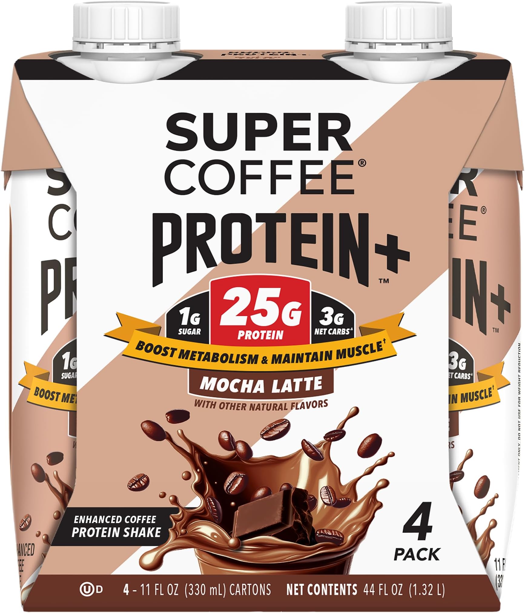 SUPER COFFEE Protein+, Keto Protein Coffee (0g Added Sugar, 25g Protein, 150 Calories) [Mocha] 11 Fl Oz, 12 Pack | Iced Smart Coffee Drinks
