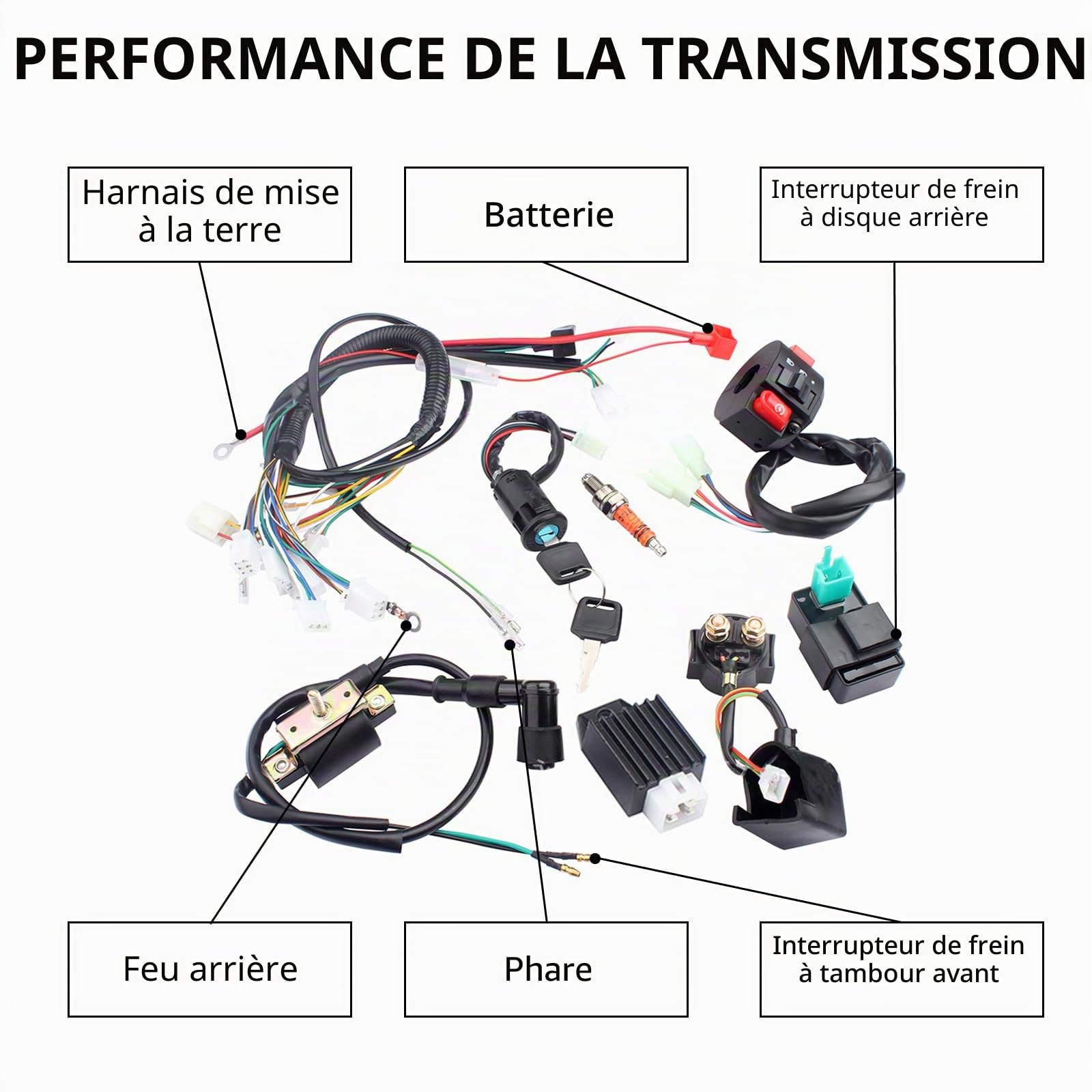 Kit complet de faisceau de câbles pour 50-125 cc ATV/Quad/moto, serrure d'allumage avec clé CDI Bobine d'allumage Relais Régulateur Interrupteur Bougie d'allumage Quad Remplacement pour Dirt Bike