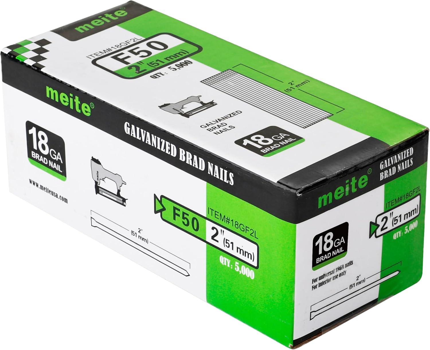 meite Chiodi Brad F50 Tipo 18G / 50 mm, 18 Gauge Zincati, Chiodi di Finitura a Testa Piccola per Chiodatrice Brad (5.000 Pezzi)