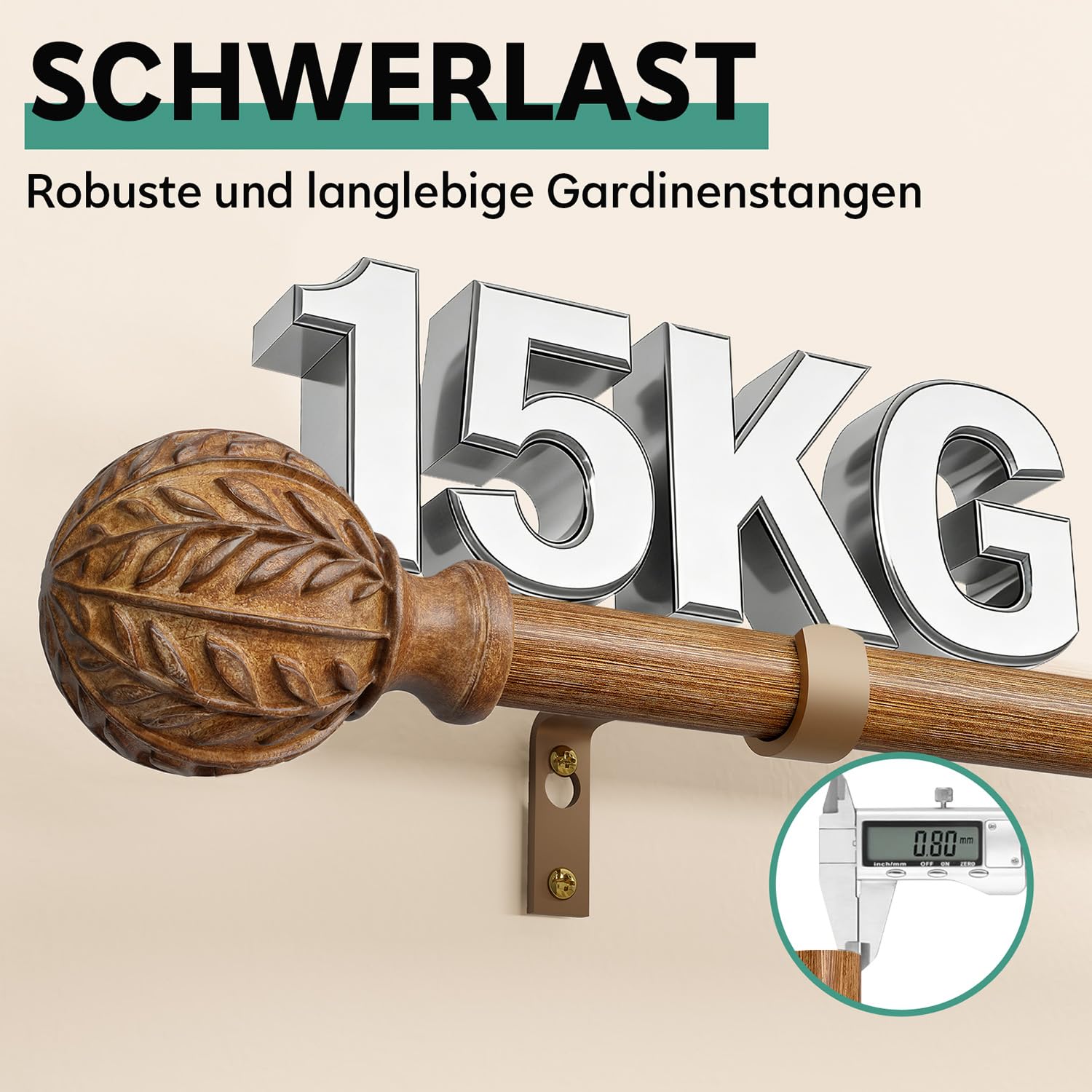 Gardinenstange Holzoptik 80-365cm Ausziehbar Metall Boho Stil | Ø25mm Wand Vorhangstange 15kg Schwerlast für Wohnzimmer Schlafzimmer Fenster Terrasse Dunkle Holzmaserung Vintage Landhaus