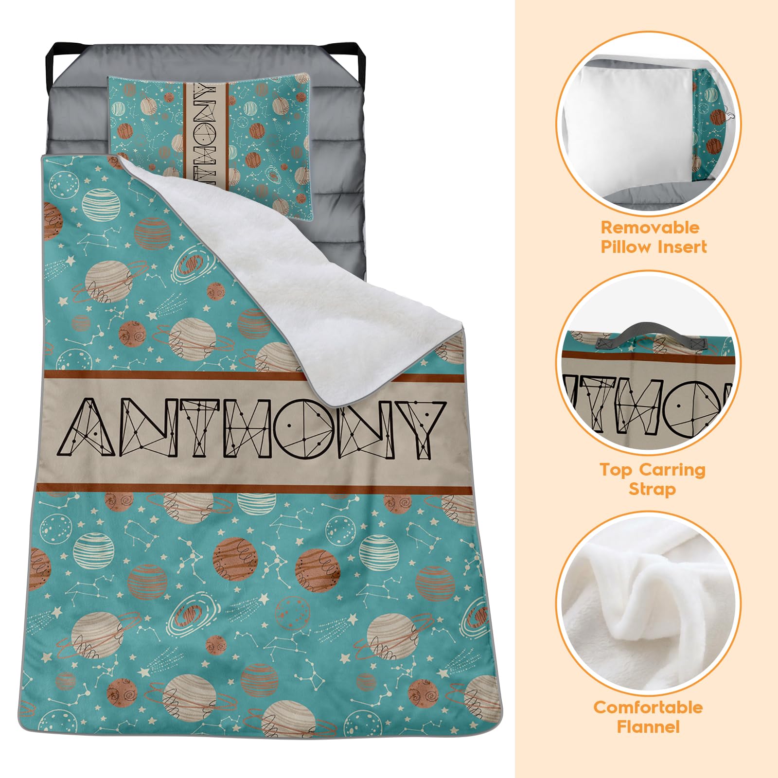 Evulum Custom Nap Mats for Daycare Cot Bedding, Toddlers Kids Sleep Mat with Removable Pillow and Blanket for Standard Size Cot Sheet, Personalized Name Soft Sleeping Bag Blue Planet