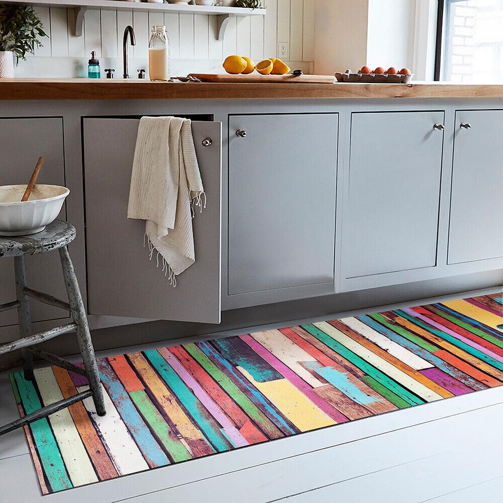 emmevi Tapis de cuisine en caoutchouc PVC, voie antidérapant, lavable, anti-taches, lattes en bois, coloré, 51 x 450 cm