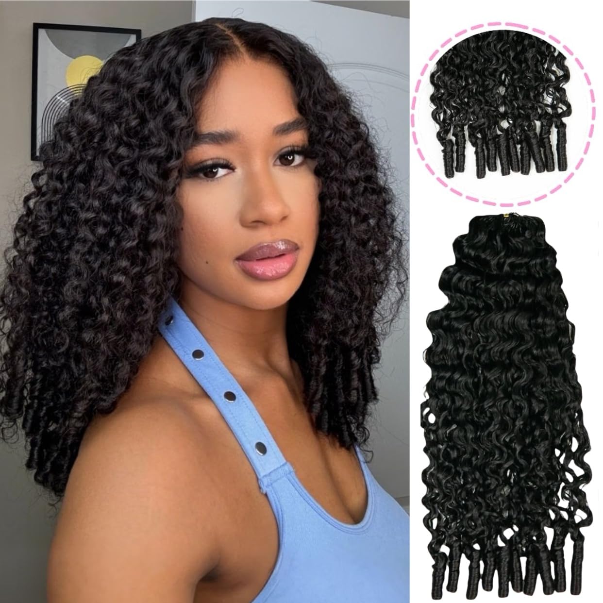 100% Human Hair Knotless Pre-Separated Crochet Hair Extensions with Spiral End Feather Hair Water Curly Feather Line Hair Extensions Natural Color 16Inch 240g