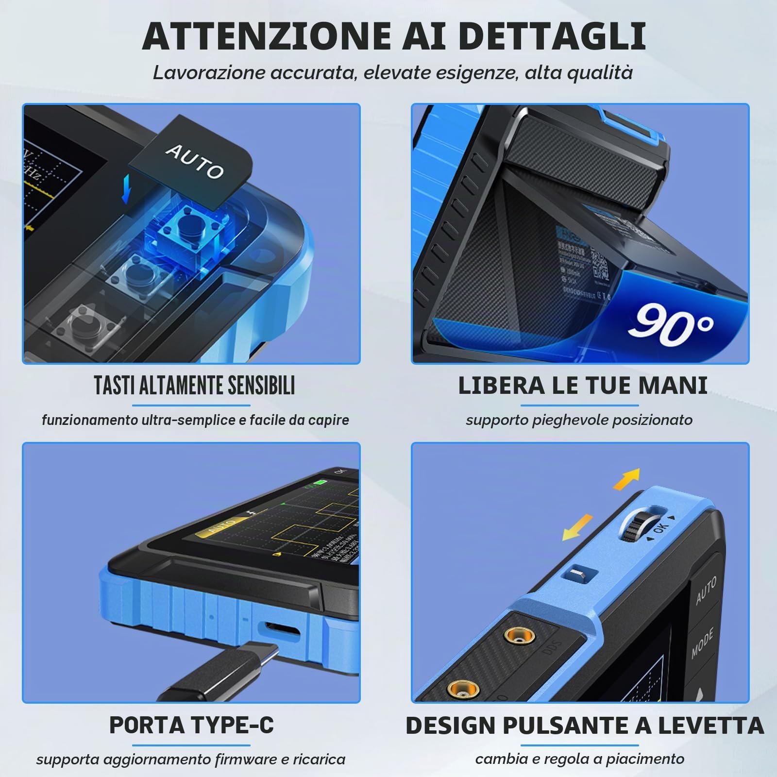 AIOMEST Mini Oscilloscopio Digitale Larghezza di Banda 1MHz 5MS/s Oscilloscopio Portatile 2,8” Display USB Generatore di Segnali DDS con Cavo dati Type-C e Sonda Oscilloscopio Multimetro DSO153B