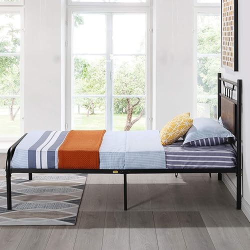 Miniatura 6 de VECELO Base de cama de tamaño individual con cabecero y estribo de madera, base de colchón con listones de metal fuertes y soporte antideslizante,