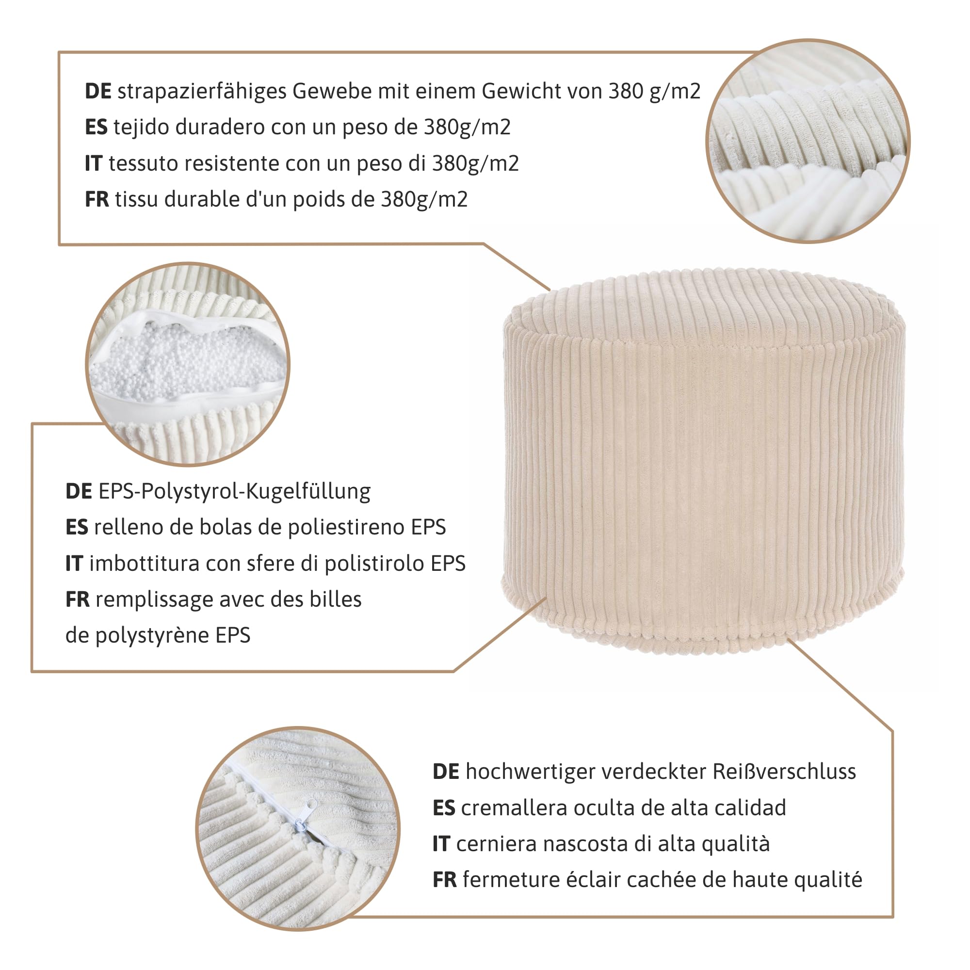DreamRoots Cord Pouf Hocker rund 50x50x35 cm, Dark Chocolate | Runder Bodenstuhl, Sitzkissen Boden, 380 g/m², für Wohnzimmer, Schlafzimmer & Homeoffice, waschbar, Fußhocker
