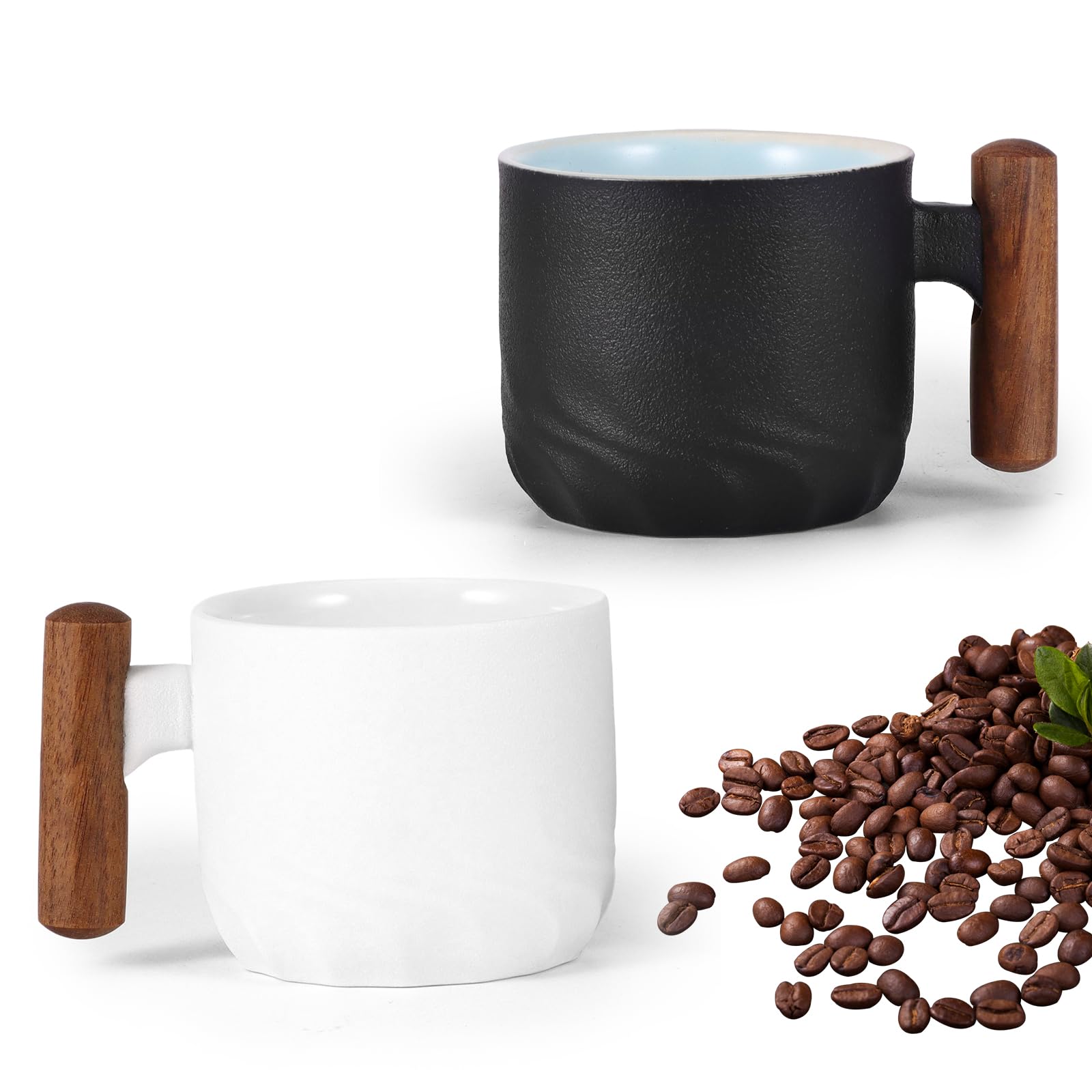 ERBO Set 2 Tazze Da Caffè In Ceramica Con Manico In Legno - 70 Ml - Mini Tazzine Per Espresso, Tè E Latte - Colore Nero - 3