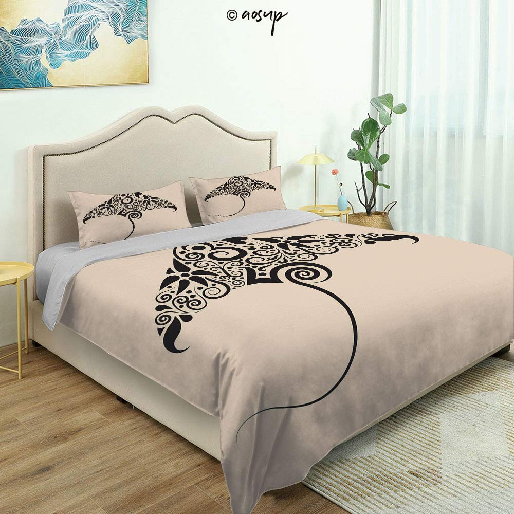 Homenon Modern Quilt Cover Bedding Set Ornamented and Shaped with a Tail Curvy Ink Dots and Unique Motifs Cotton Quilt Cover and 2 Pillowcases Bedding 3 Piece Duvet Cover Set (King)