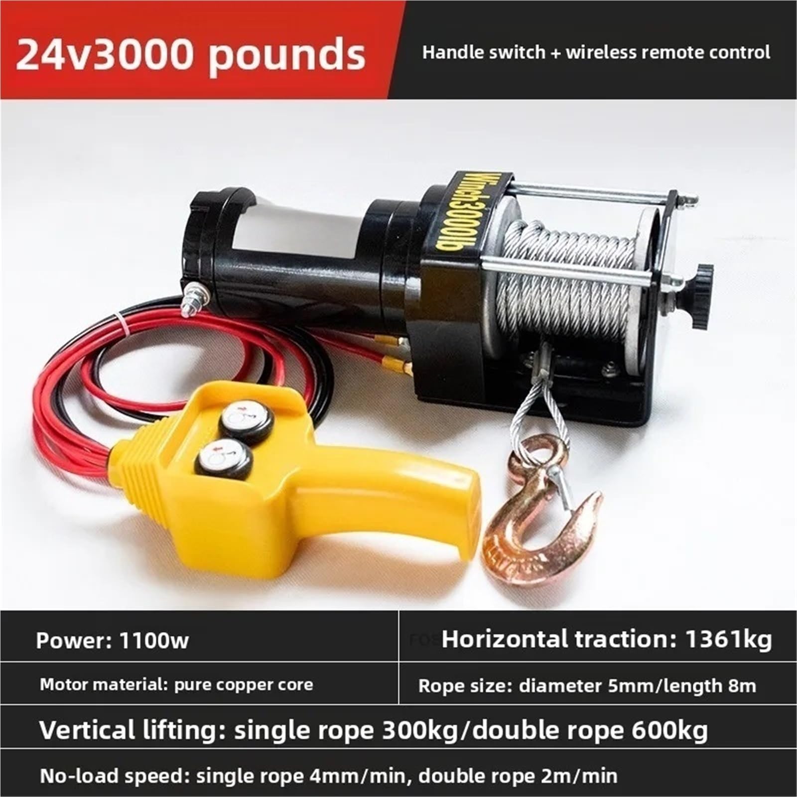Verricello elettrico Verricelli Per Auto Fuoristrada Verricello Elettrico Per Trazione Montato Su Veicolo 12v Di Sollevamento Per Paranco Industriale(24V-3000LBS)