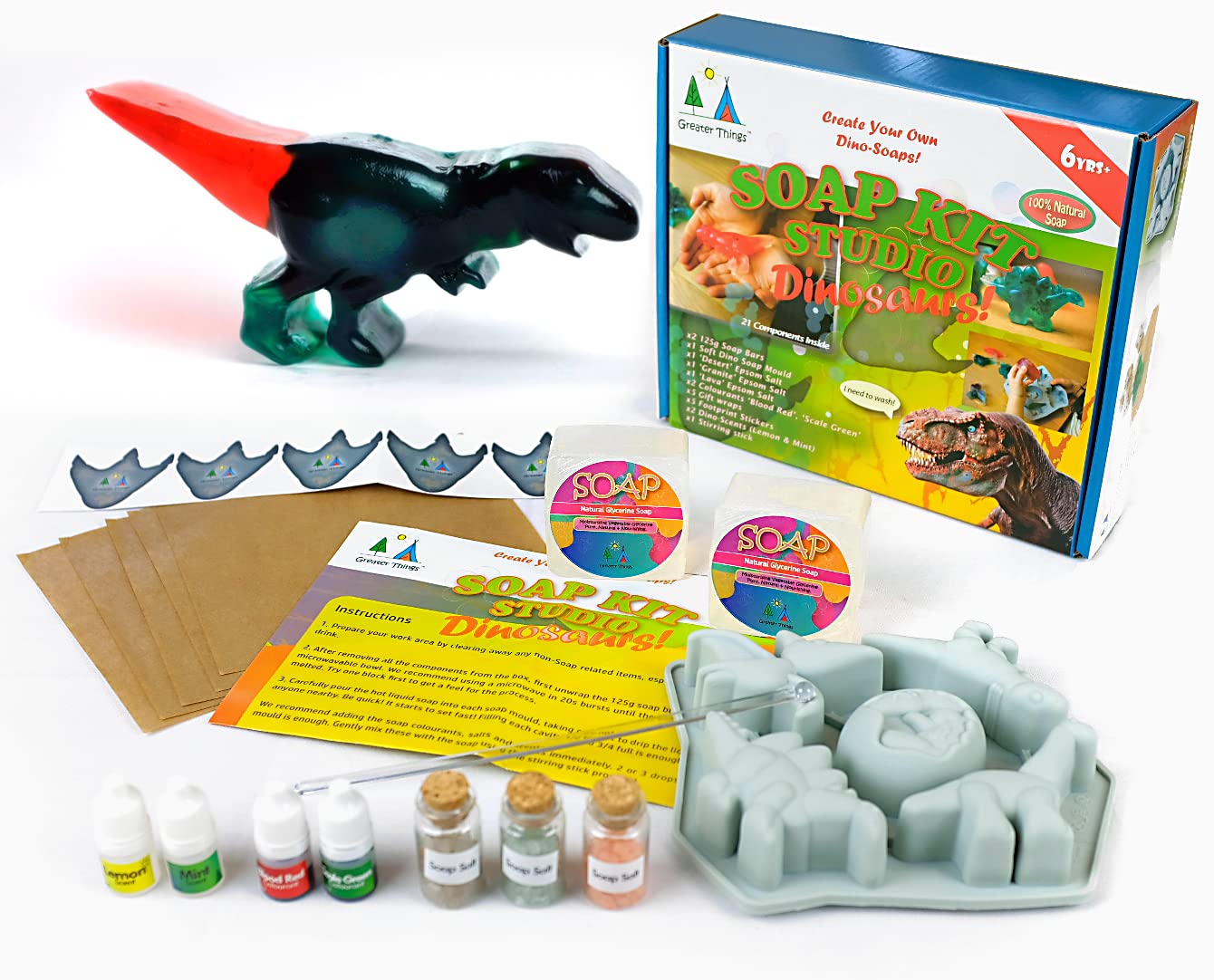 Greater Things™ Dinosaur Soap Kit Studio for Kids - The Fun Way to Wash! (DIY Make Your own Soap, Vibrant, Fun & Fragrant! 5 Dino Moulds Included Plus Much More Inside!)